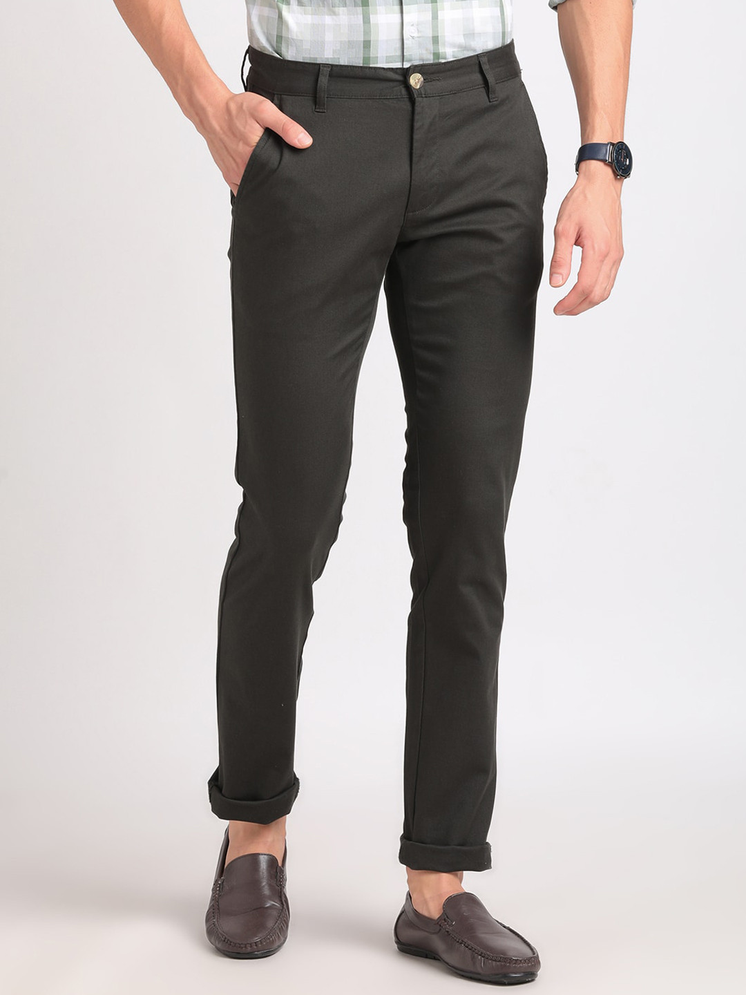 ADRO Men Charcoal Pencil Slim Fit Cotton Chinos