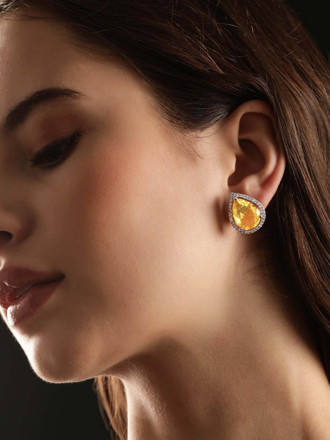 Rubans Rhodium-Plated Yellow Sapphire & Cubic Zirconia Studded Teardrop Stud Earrings