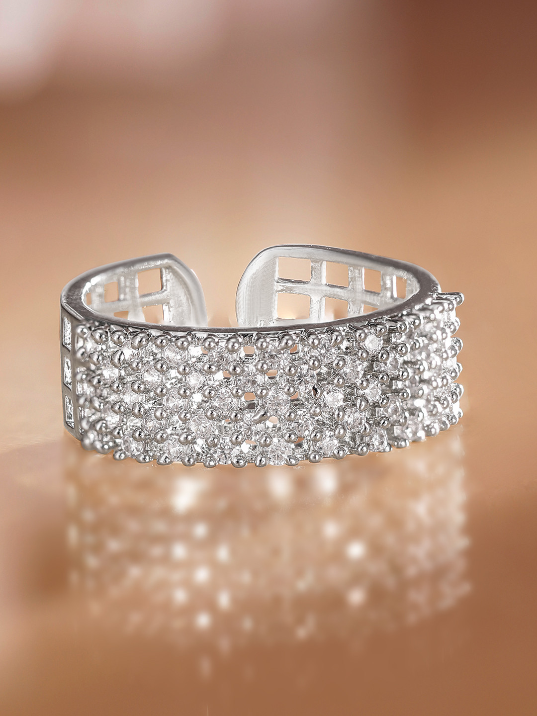 Rubans Rhodium Plated Cubic Zirconia Studded Grid Cut-Out Design Adjustable Ring