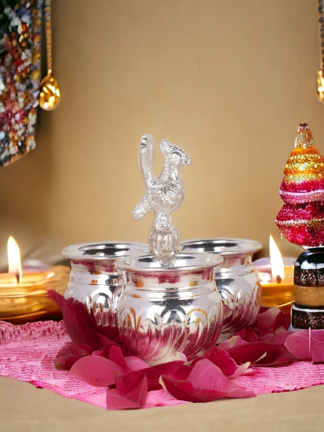 Sigaram Silver Toned 3 Cups German Silver Panchwala Kum Kum Bharani For Home Pooja Decor