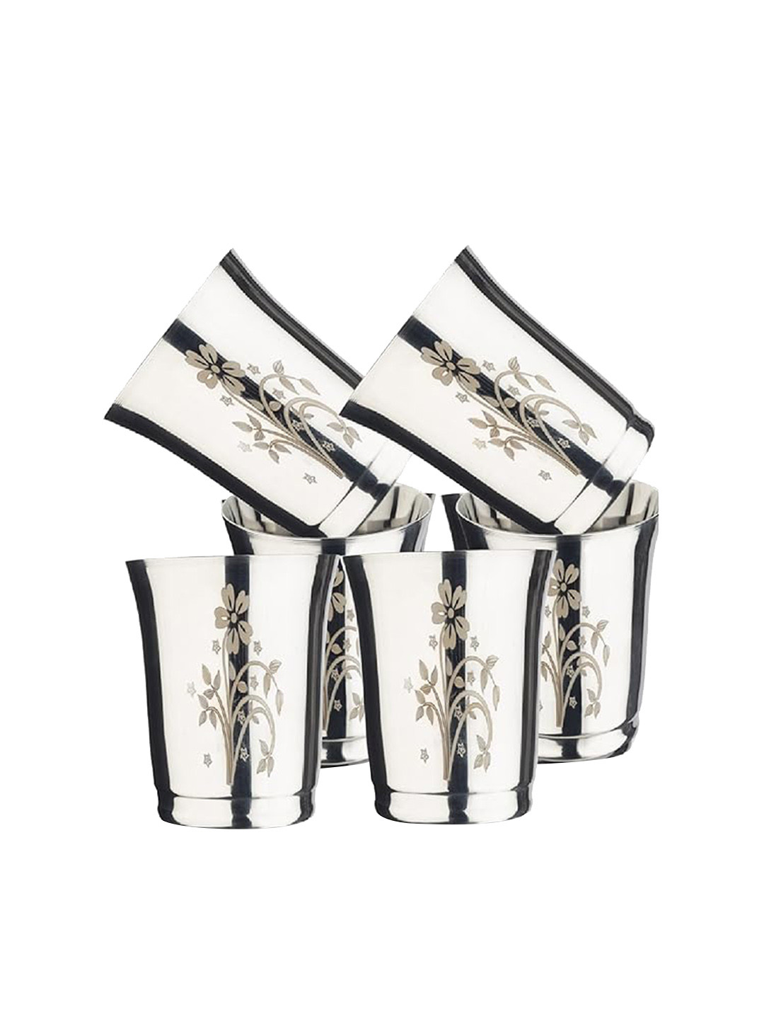 LEROYAL Grey & Beige 6-Pieces Printed Stainless Steel Glass Set 350 ml