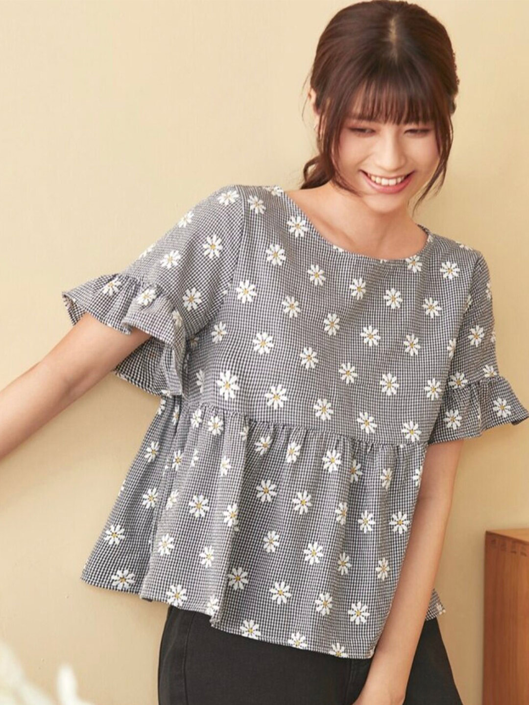 Dream Beauty Fashion Floral Print Bell Sleeve A-Line Pleated Top