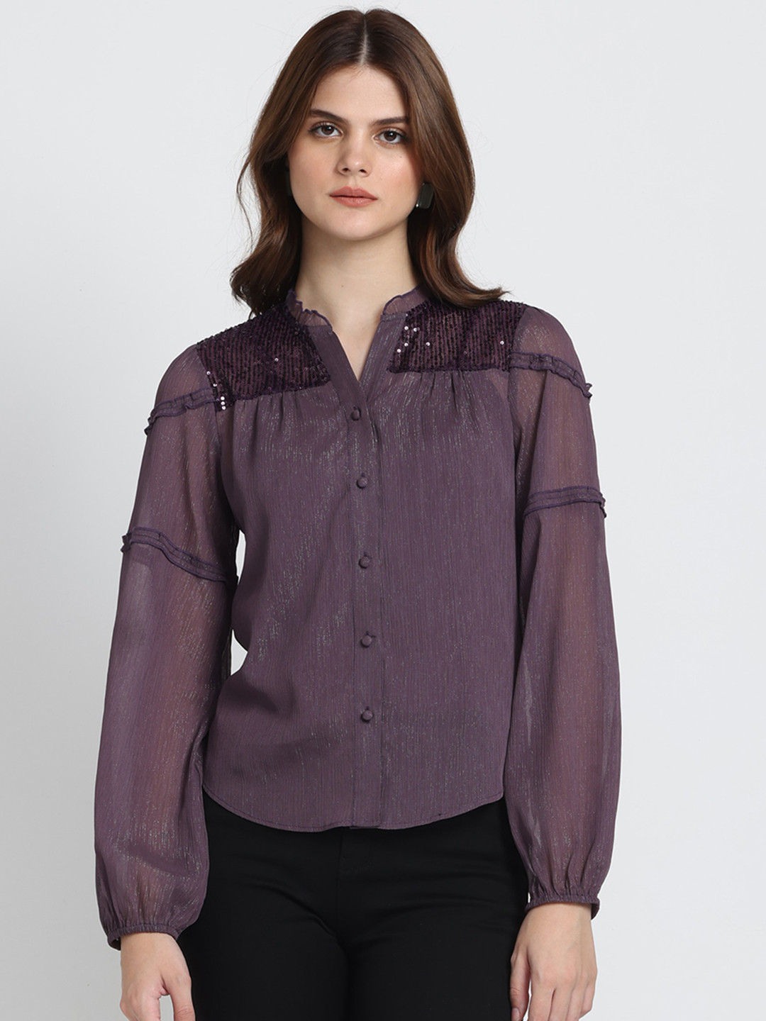 SHAYE Smart Opaque Embellished Mandarin Collar Pure Chiffon Party Shirt