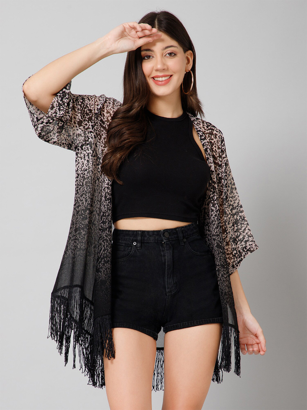 PURYS Abstract Printed Tasselled Longline Shrug