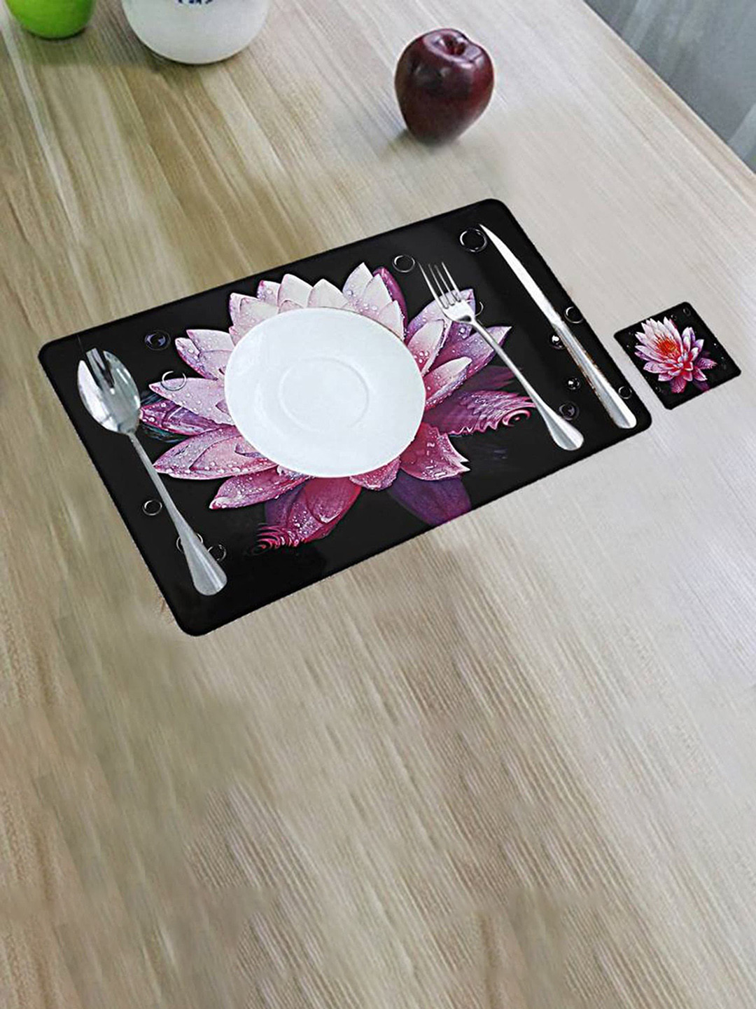 Dakshya Industries Black & Purple 6 Pieces Floral Printed Rectangular Table Placemats