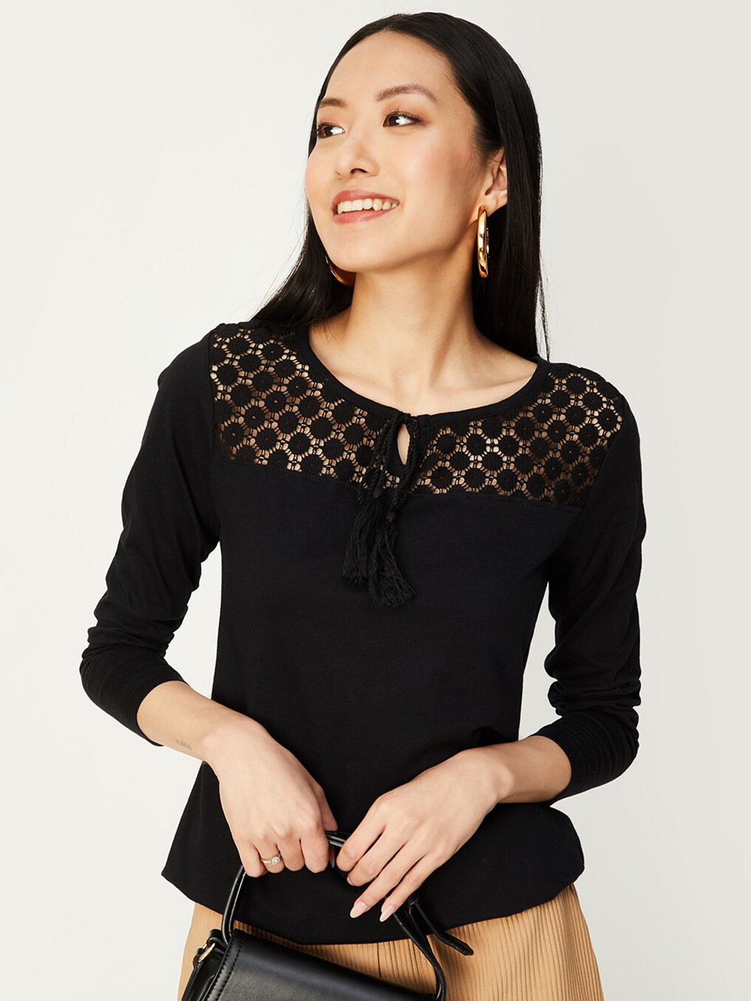 max Tie-Up Neck Lace Inserts Pure Cotton Top