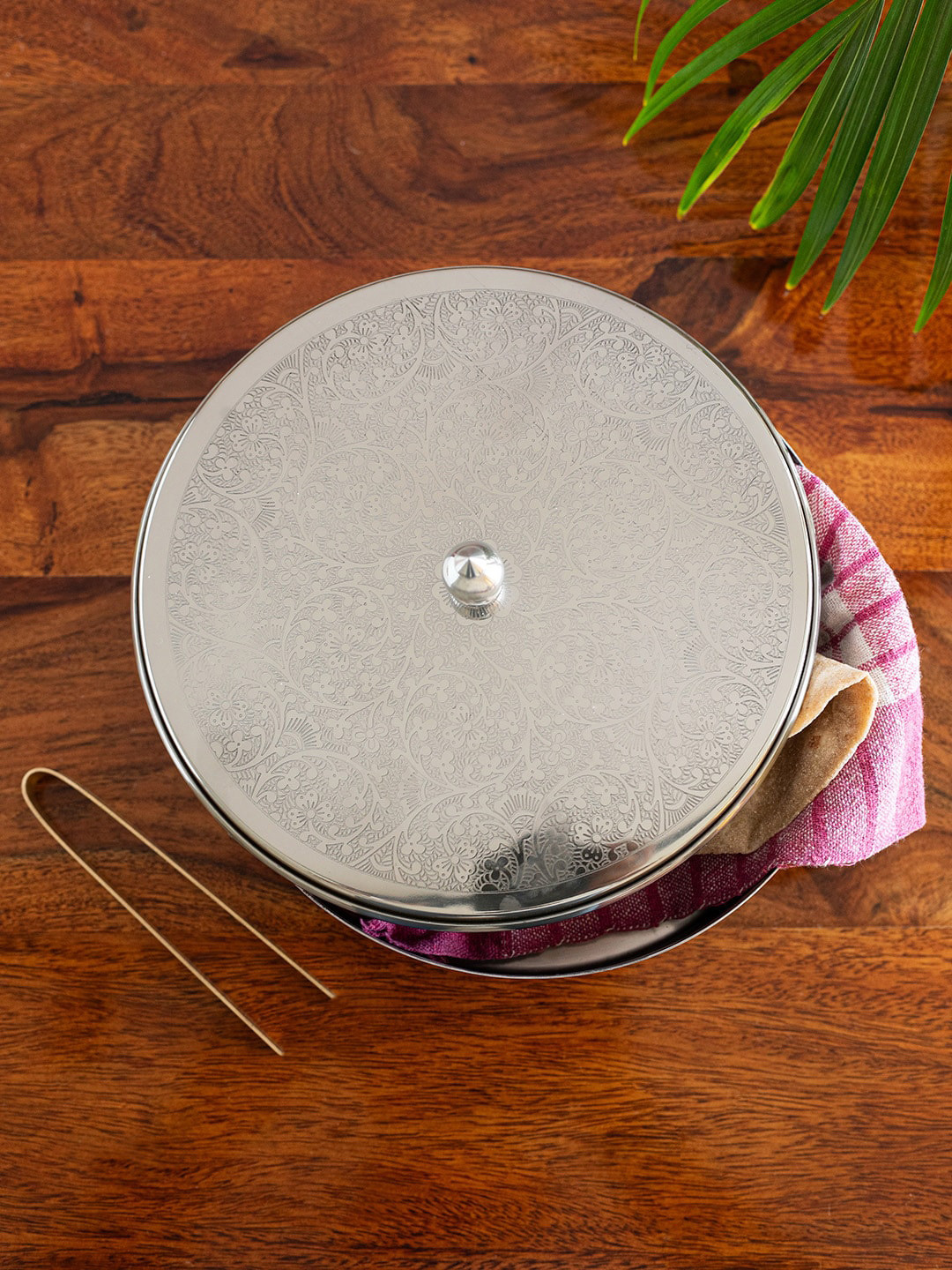 ExclusiveLane Steel & Gold Pattern Toned Stainless Chapati Box & Tong