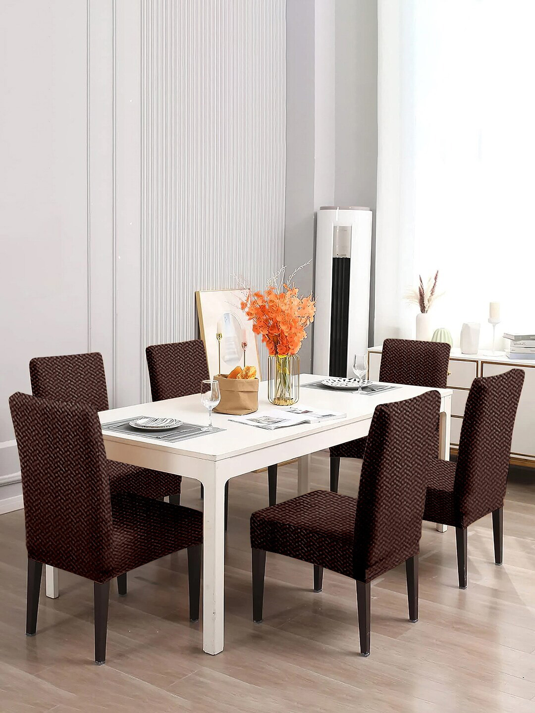 Cortina Brown 6 Pieces Printed Comfortable Dining Chair Cover