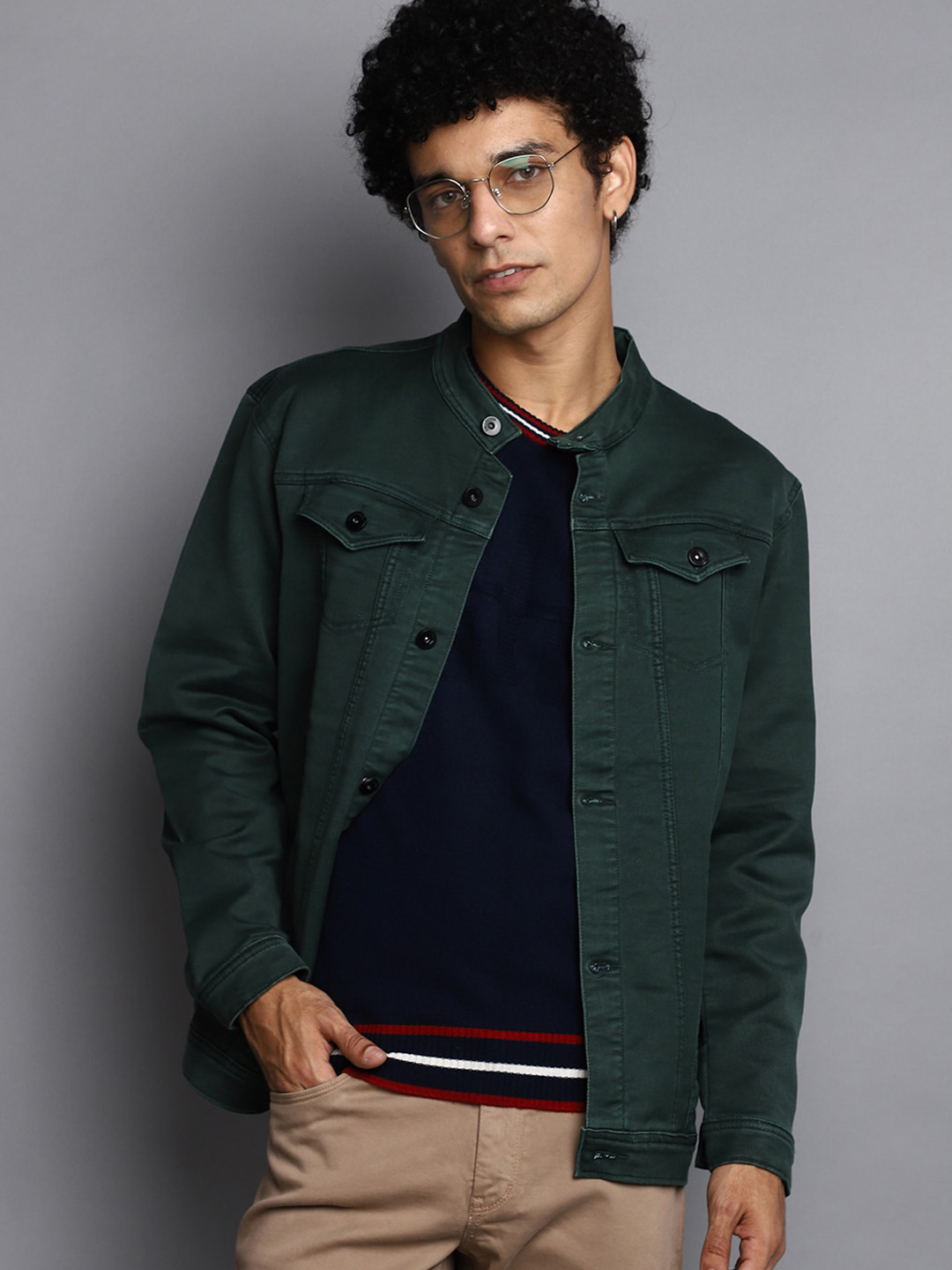 V-Mart Band Collar Long Sleeves Denim Jacket