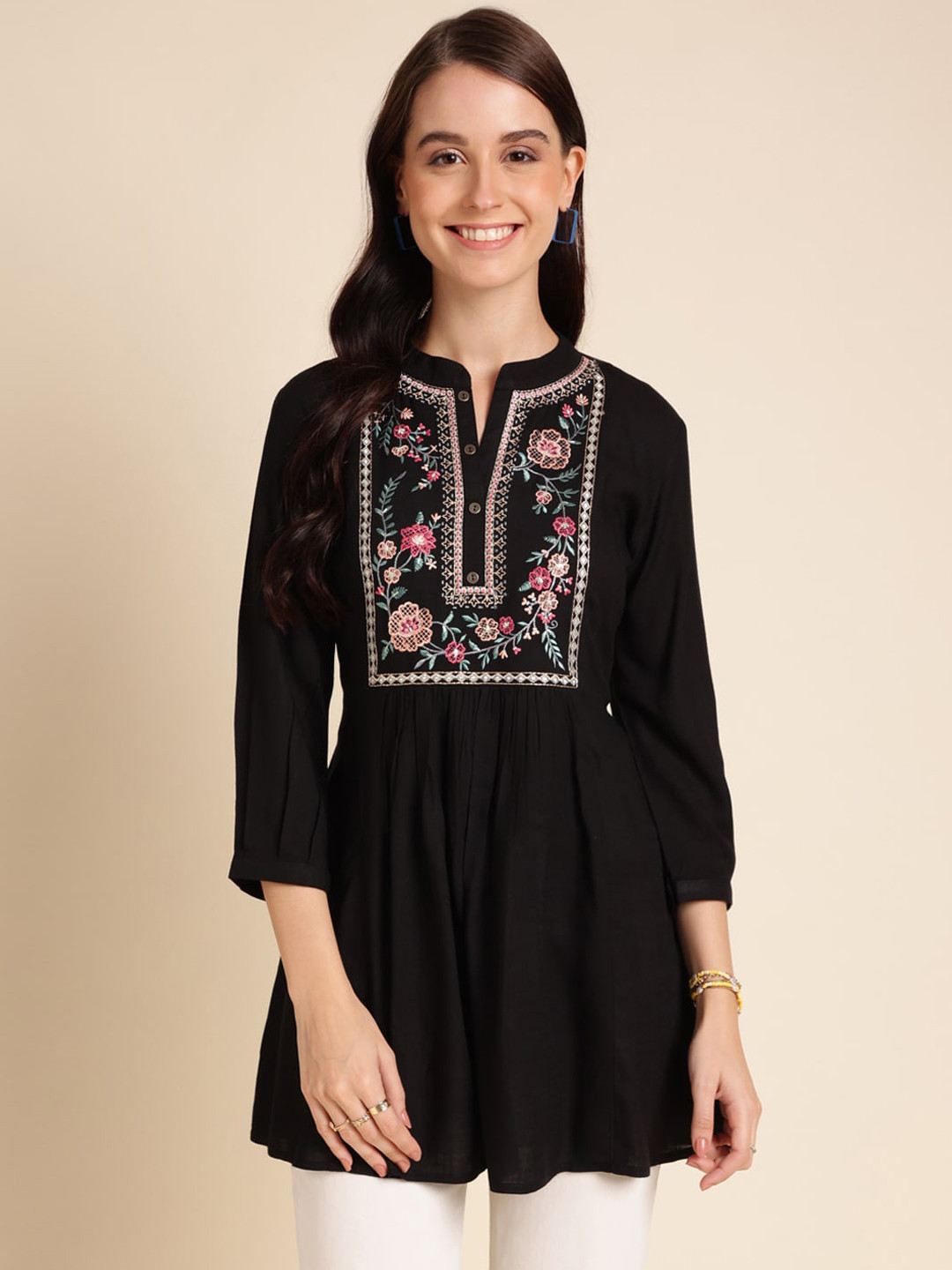 Sangria Embroidered Mandarin Collar A-Line Short Kurti