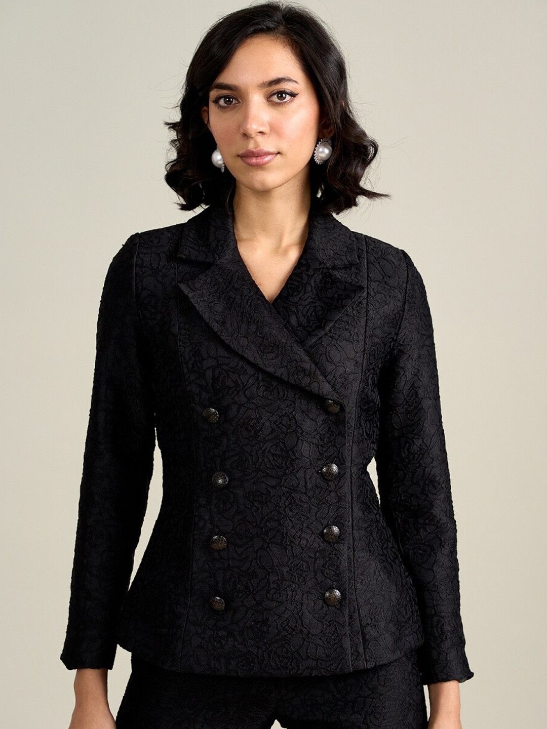 Style Island Self Design Lapel Collar Double-Breasted Blazer