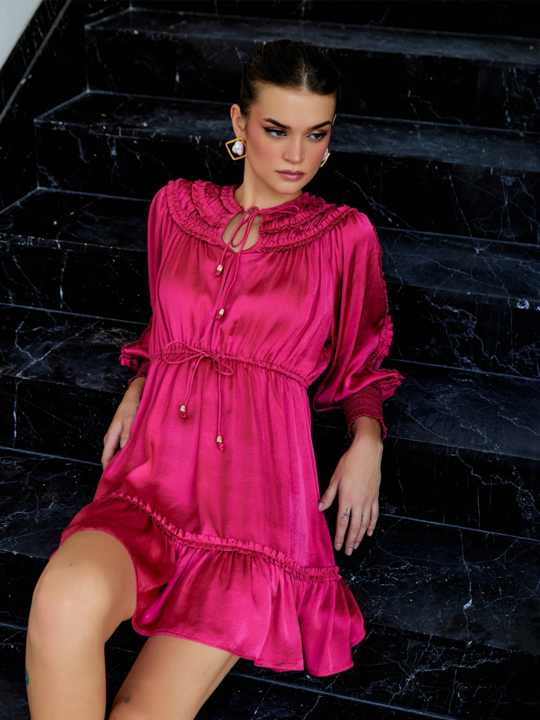 Style Island Tie-Up Neck Tiered Mini Blouson Dress