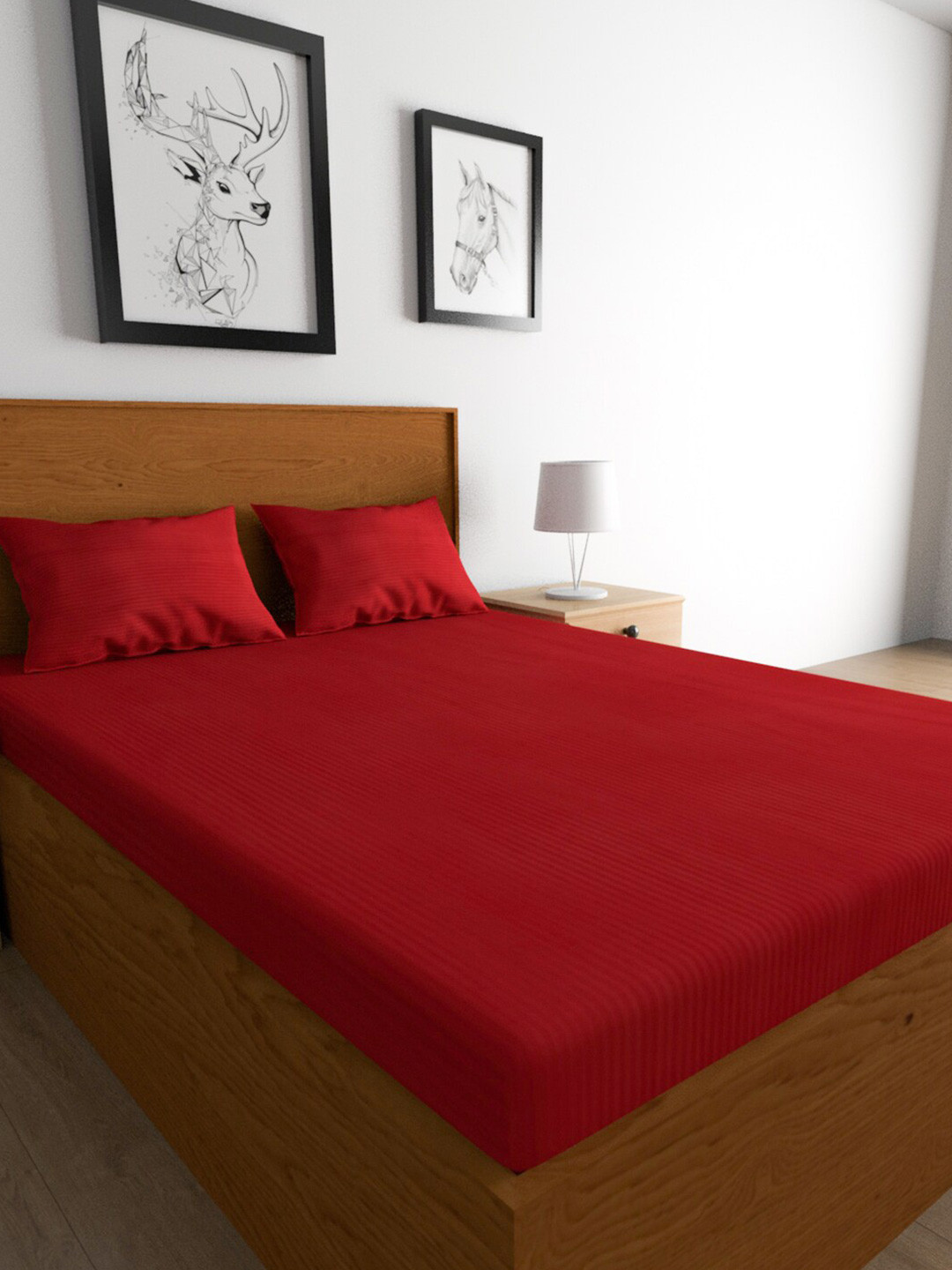 TEAL BY CHUMBAK Maroon Striped Poly Satin 210 TC Queen Bedsheet with 2 Pillow Covers-87 x 94 inches