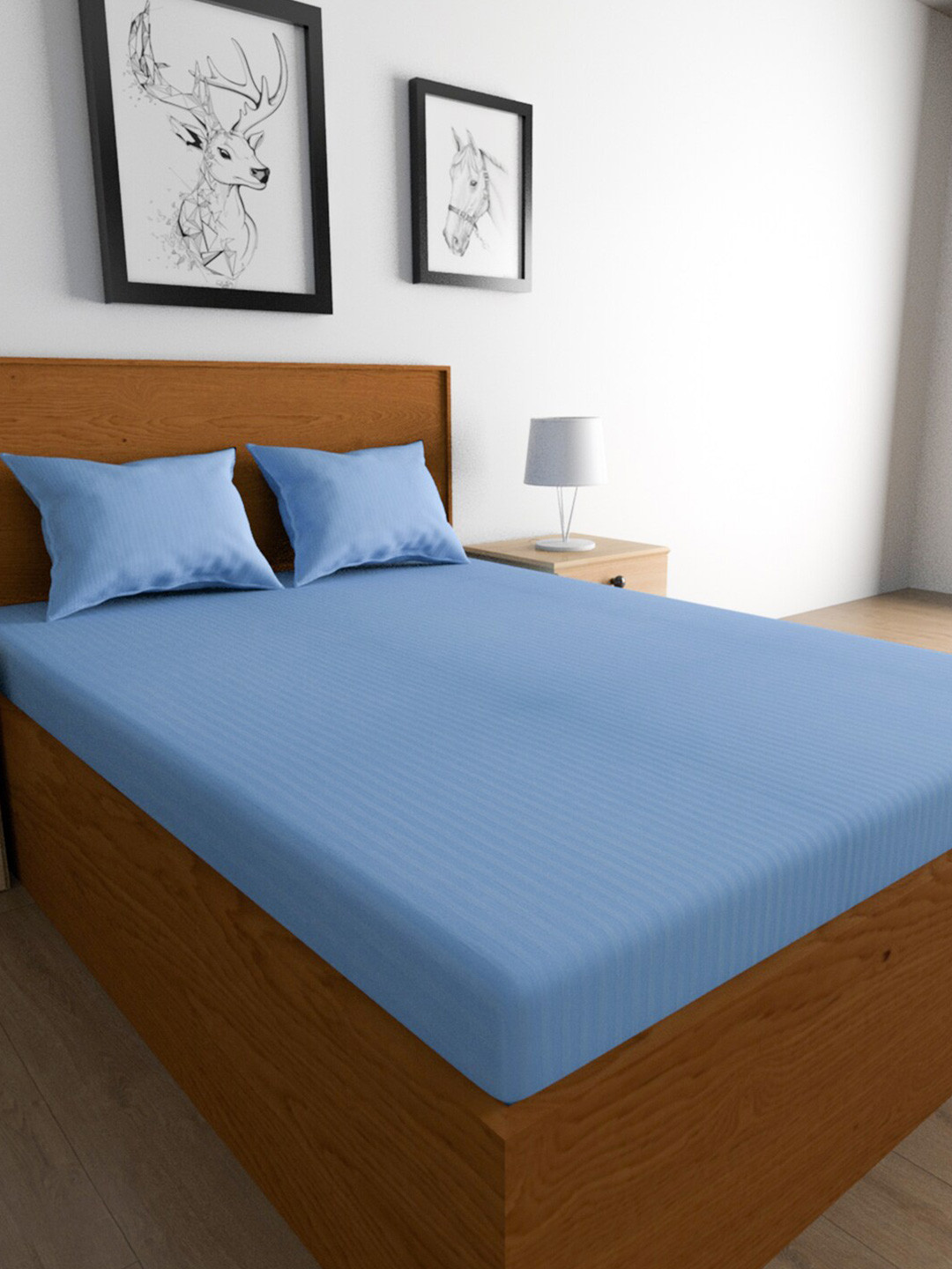 TEAL BY CHUMBAK Blue Floral Satin 210 TC Queen Bedsheet with 2 Pillow Covers-87 x 94 inches