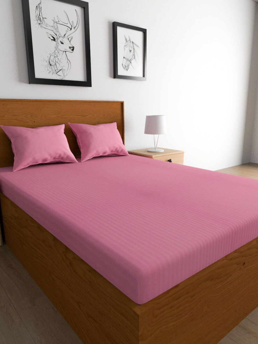 TEAL BY CHUMBAK Pink Striped Poly Satin 210 TC Queen Bedsheet with 2 Pillow Covers-220 x 240 cm