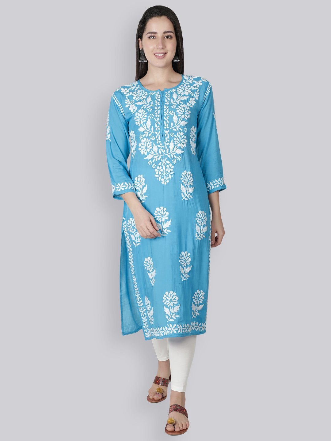 Seva Chikan Floral Embroidered Modal Chikankari Straight Kurta