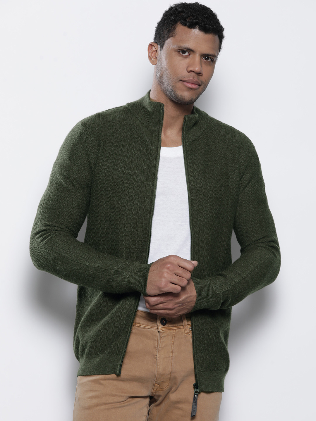 Petrol Mock Collar Zip Closure Cardigan