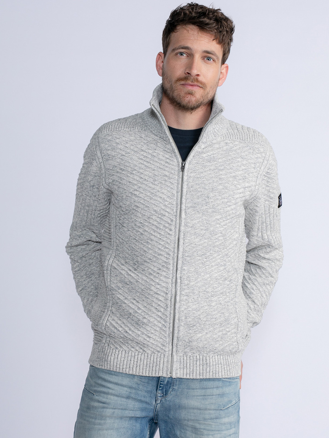 Petrol Mock Collar Self Design Cardigan