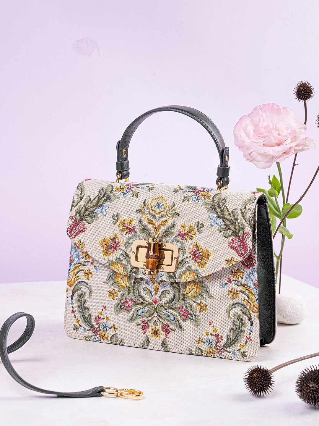 The Leather Garden Floral Printed Leather Structured Satchel Bag
