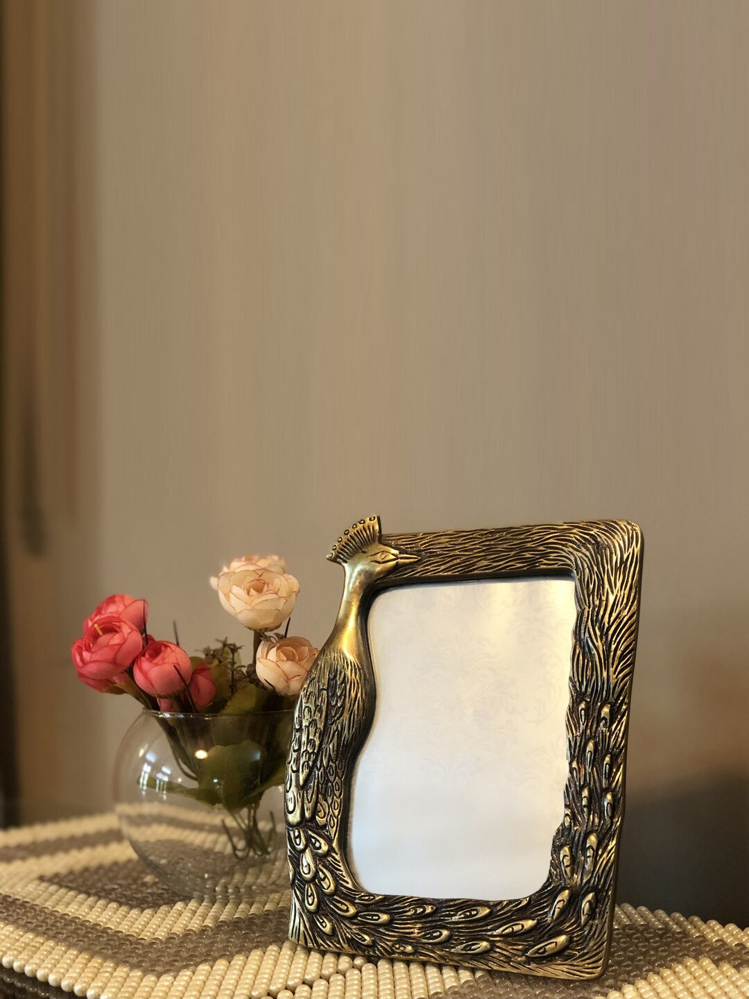 House of Sajja Bronze Peacock Textured Square Table-Top Photo Frame