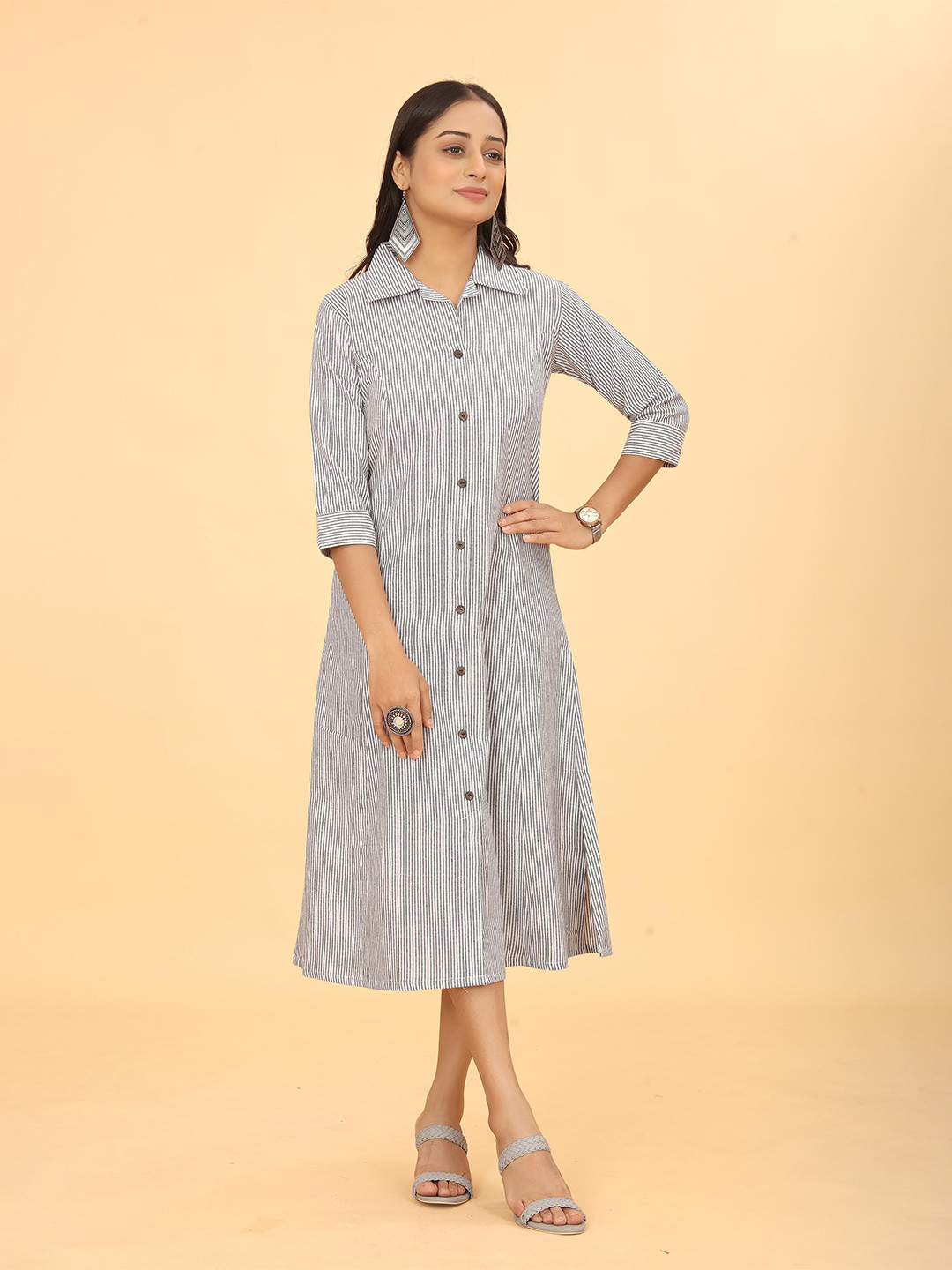 Kesudi Striped Print Shirt Collar Three-Quarter Sleeves Cotton Shirt Midi Dress