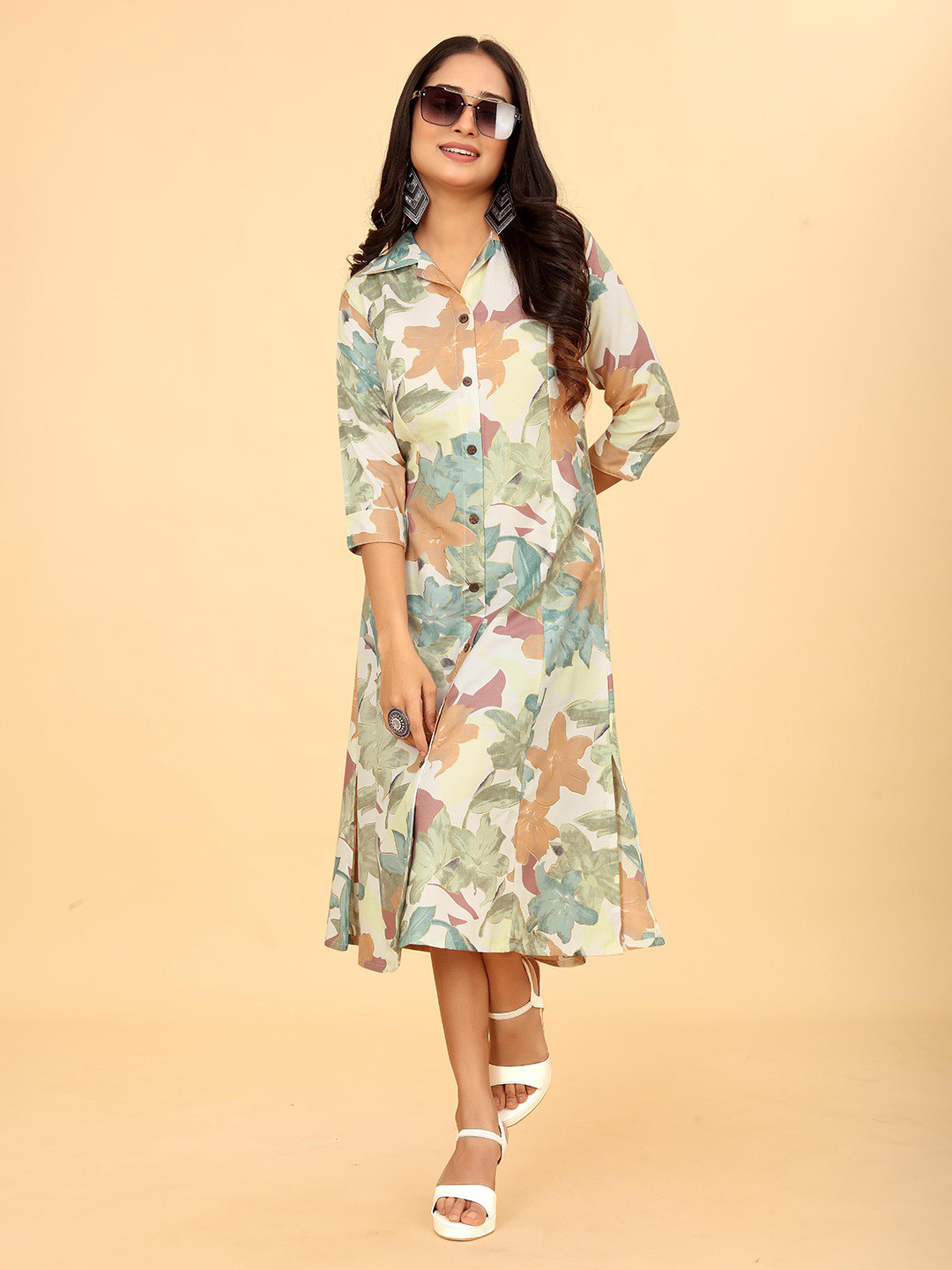 Kesudi Floral Print Shirt Collar Three-Quarter Sleeves Shirt Midi Dress
