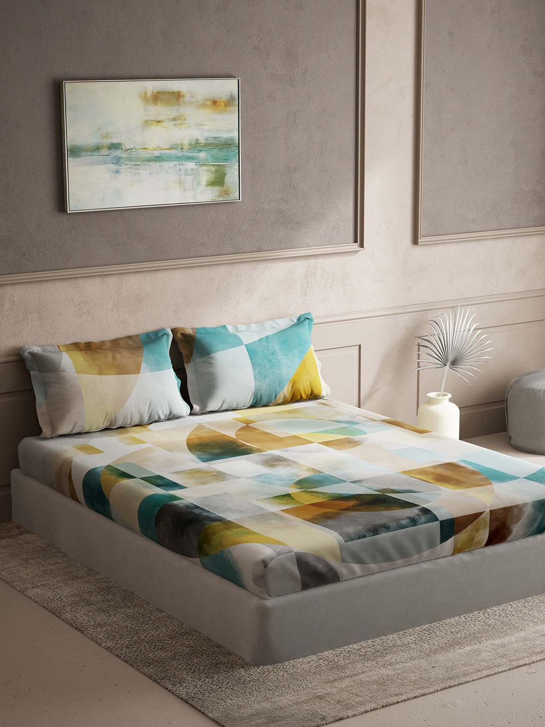 DDecor Live Beautiful Turquoise Blue Geometric Cotton 144 TC King Bedsheet with 2 Pillow Covers-108 x 108 inches