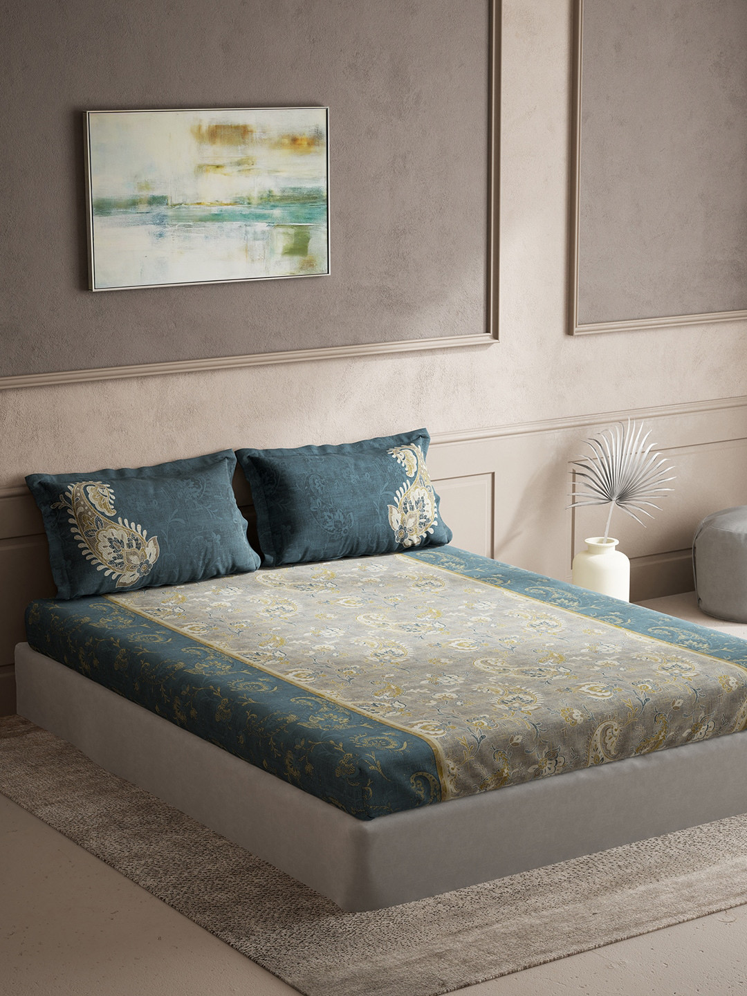 DDecor Live Beautiful Blue Paisley Cotton 145 TC King Bedsheet with 2 Pillow Covers-108 x 108 inches