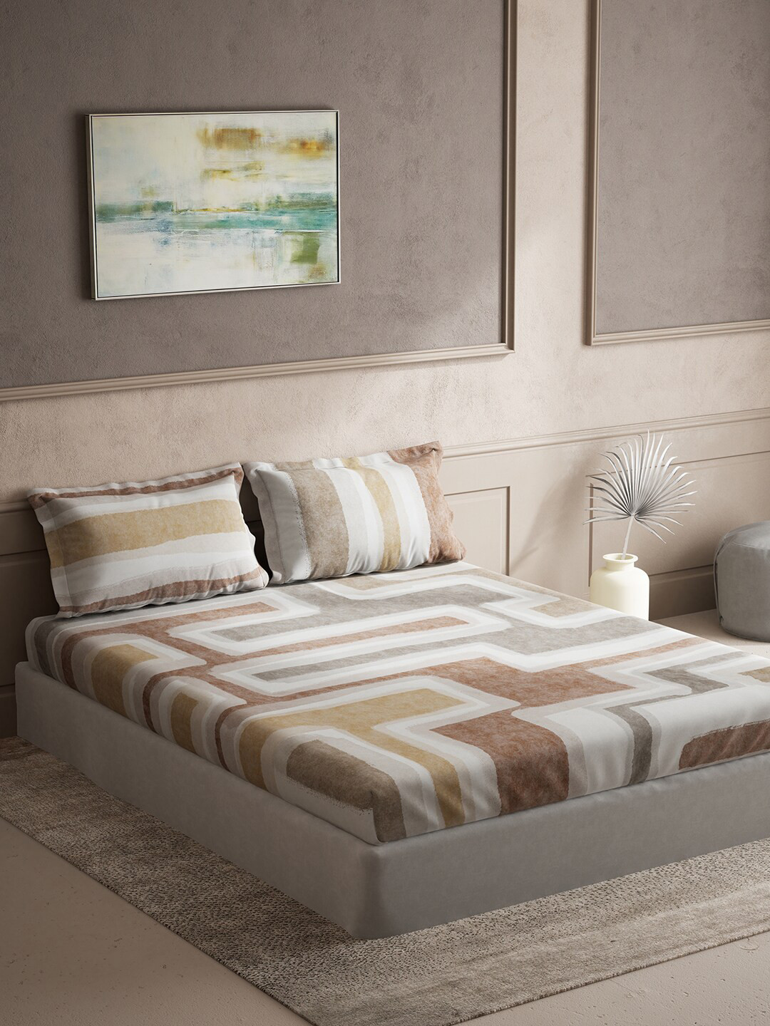 DDecor Brown Abstract Cotton 145 TC King Bedsheet with 2 Pillow Covers-274 x 274 cm