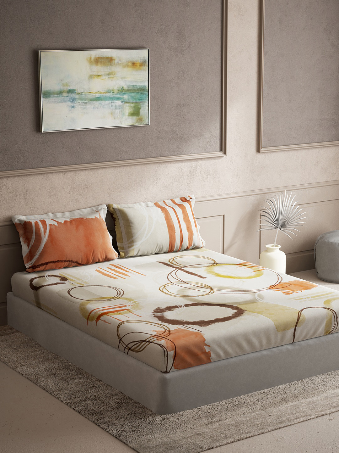 DDecor Live Beautiful Orange Graphic Cotton 144 TC King Bedsheet with 2 Pillow Covers-108 x 108 inches