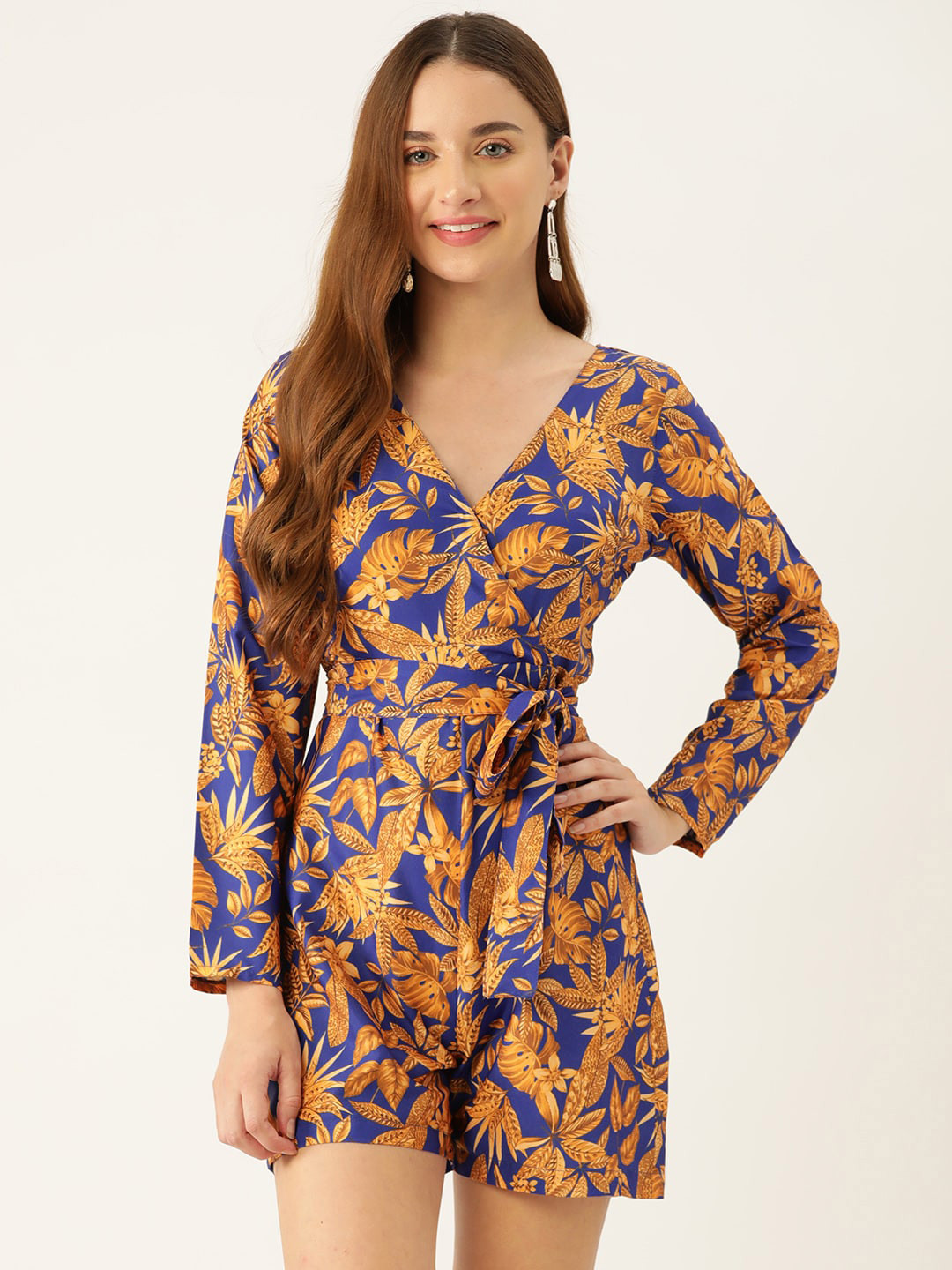 Sleek Italia Printed V-Neck Waist Tie-Ups Playsuit
