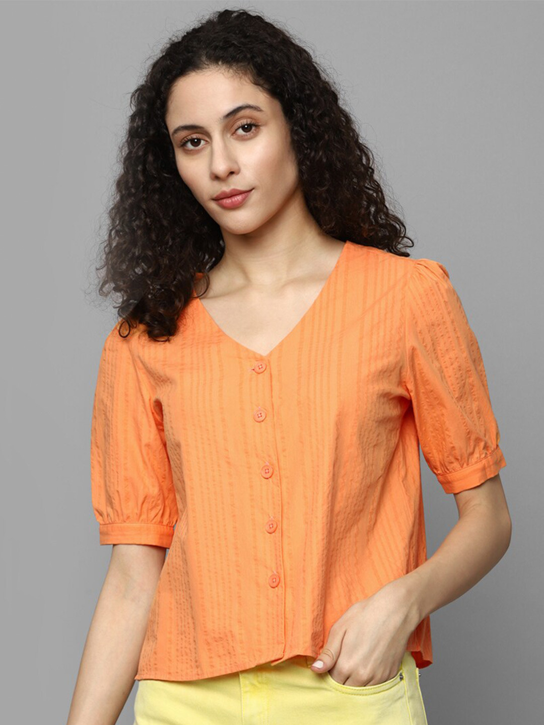 Allen Solly Woman Striped V-Neck Puff Sleeve Cotton Shirt Style Top