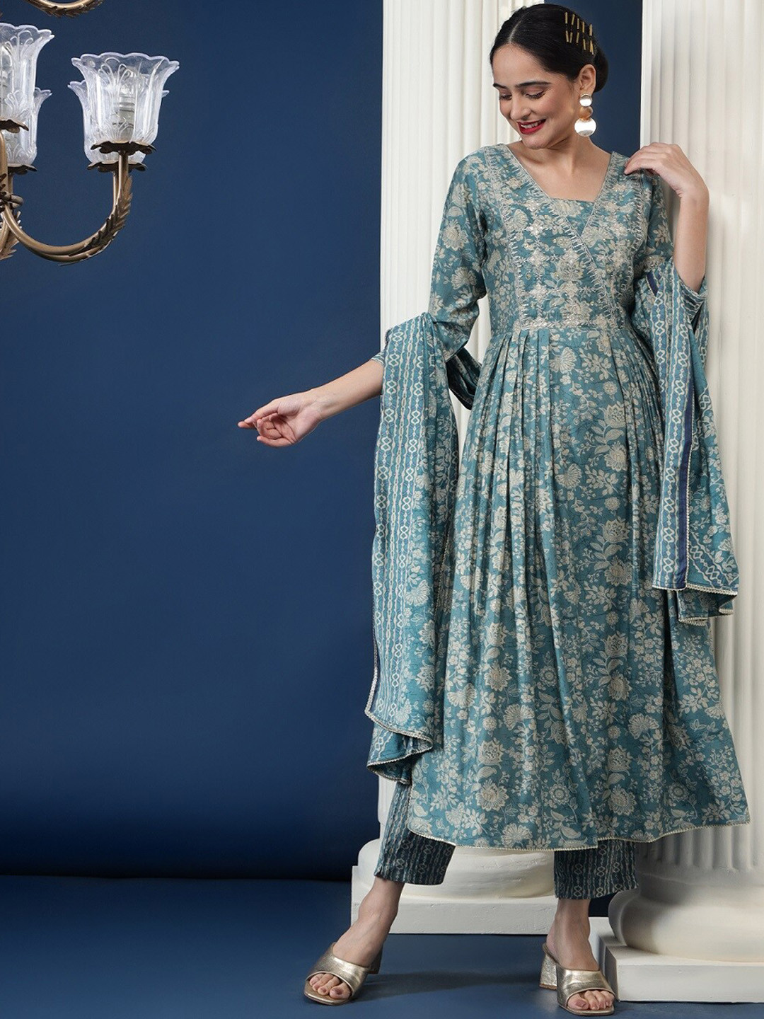 Bani Women Floral Printed Chanderi Silk Pleated Kurta With Trouser & Dupatta