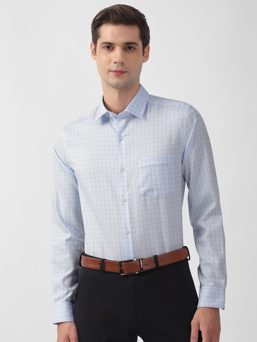 Peter England Elite Men Blue Slim Fit Gingham Checked Pure Cotton Formal Shirt