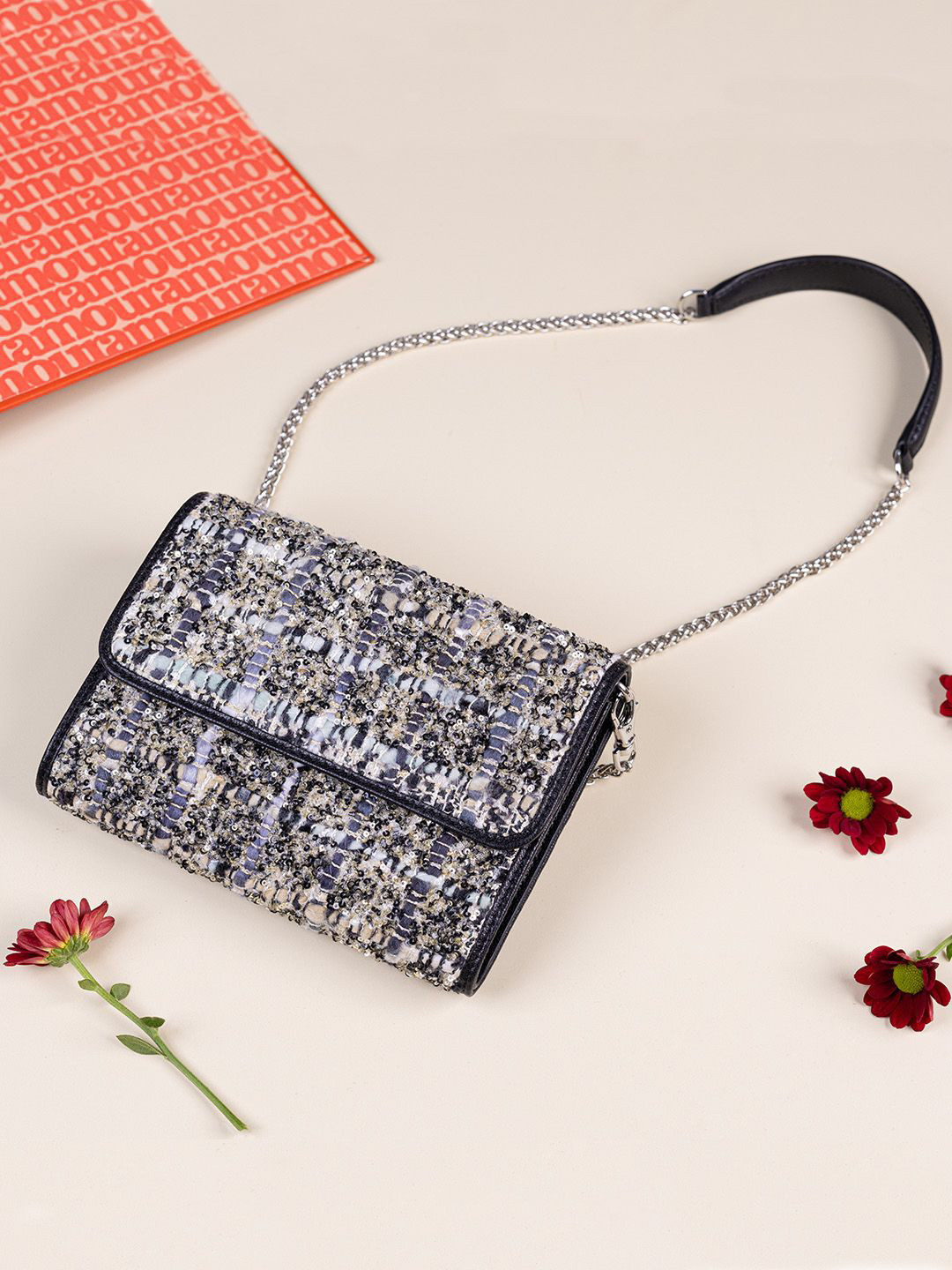 The Leather Garden Plumeria Embellished Leather Structured Sling Bag