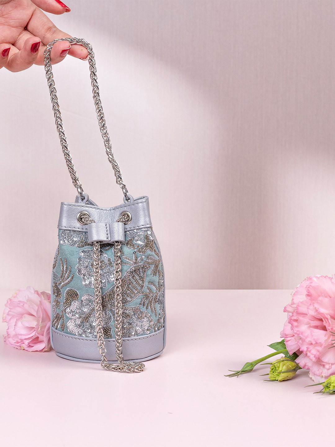 The Leather Garden Floral Embellished Leather Structured Handheld Bag