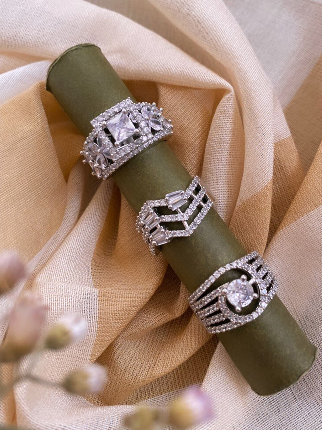 ATIBELLE Set of 3 Cubic Zirconia Stone Studded Adjustable Finger Rings