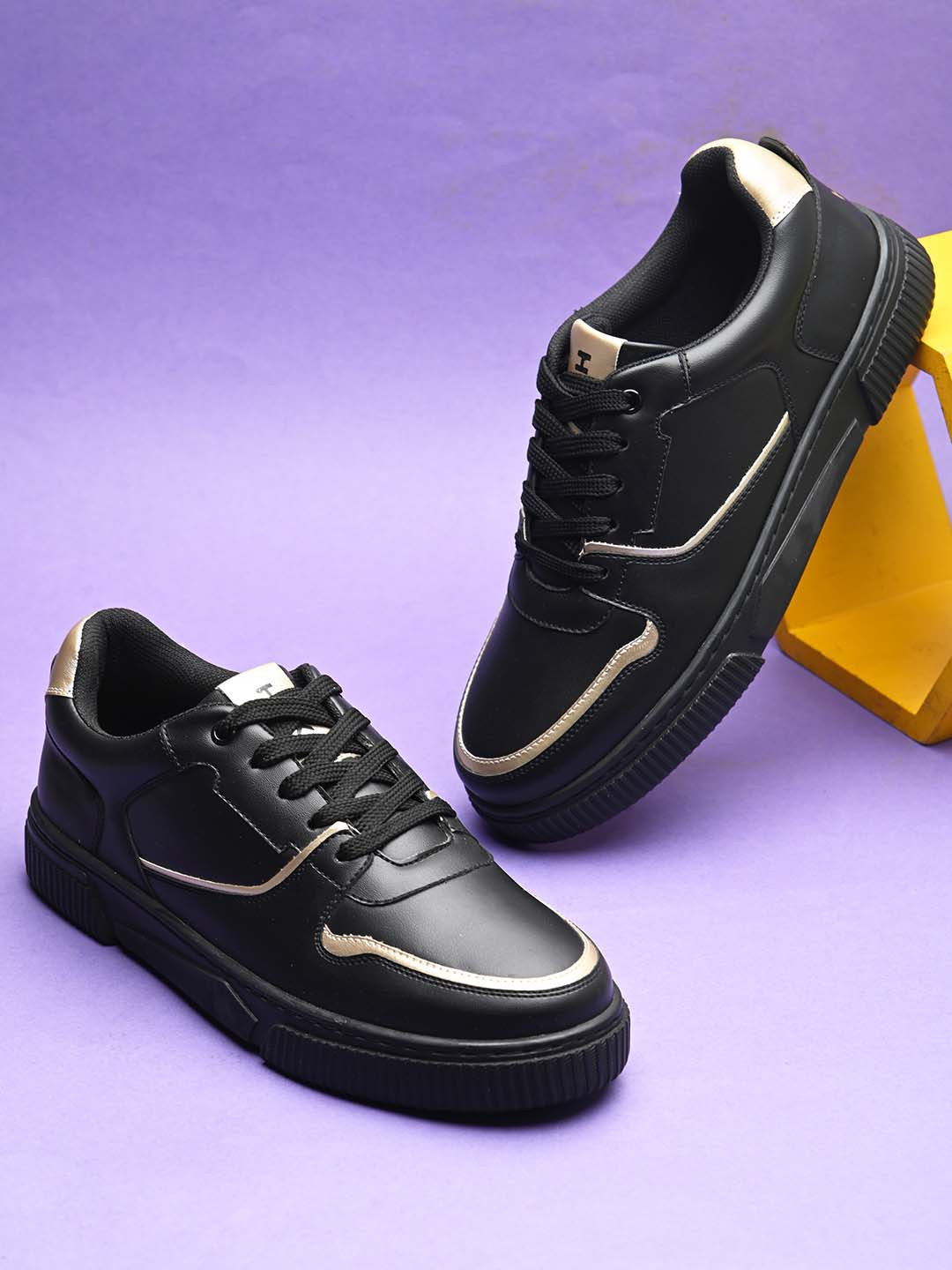 HRX by Hrithik Roshan Women Black & Gold-Toned Lace-Up Lightweight Sneakers