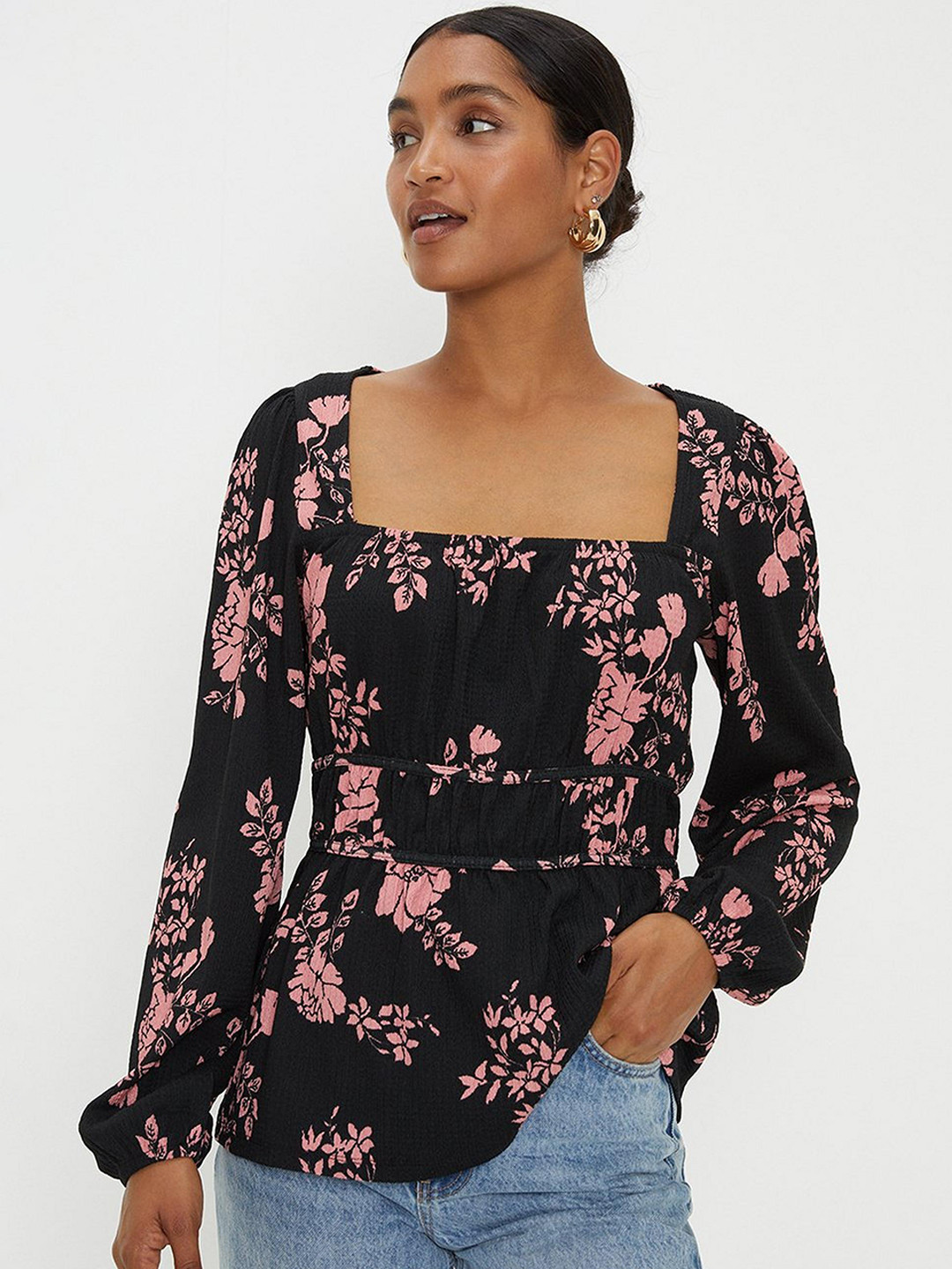 DOROTHY PERKINS Square Neck Floral Print Puff Sleeve Cinched Waist Crinkle Top