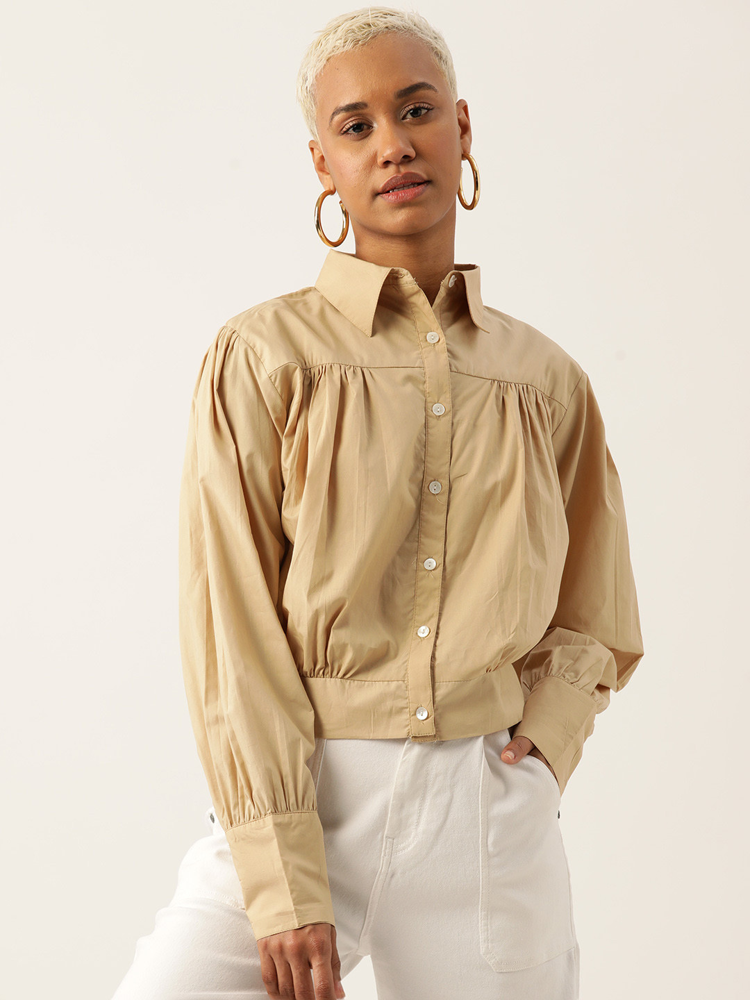 LABEL REGALIA Puff Sleeves Shirt Style Crop Top