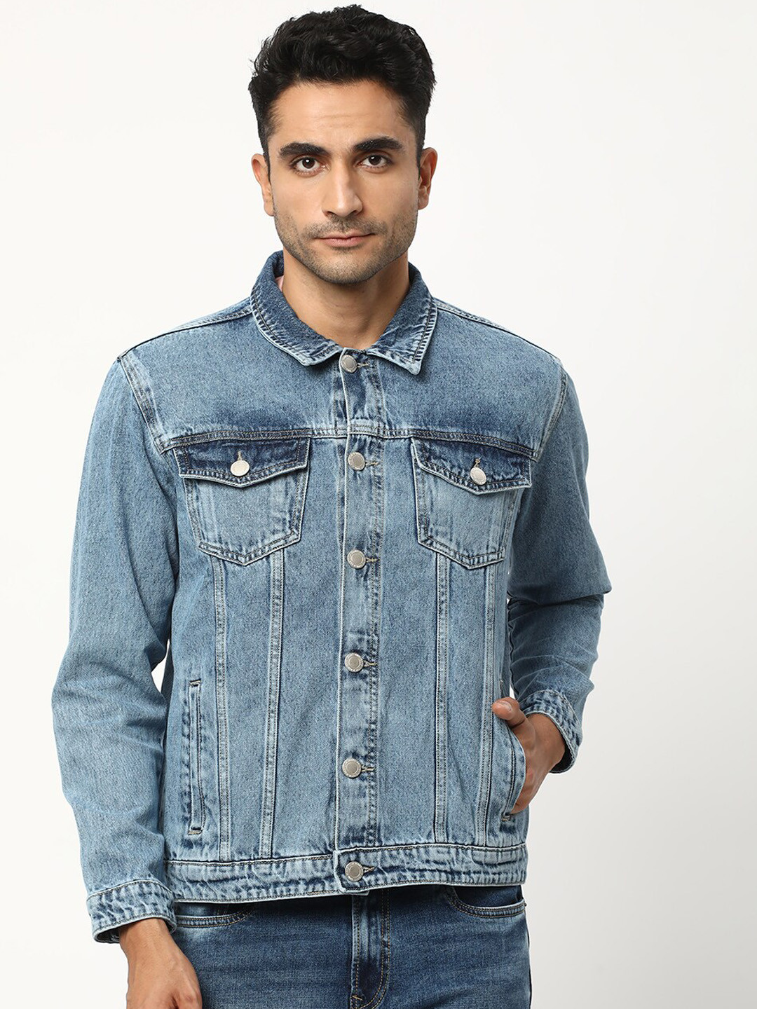 R&B Washed Spread Collar Cotton Denim Jacket