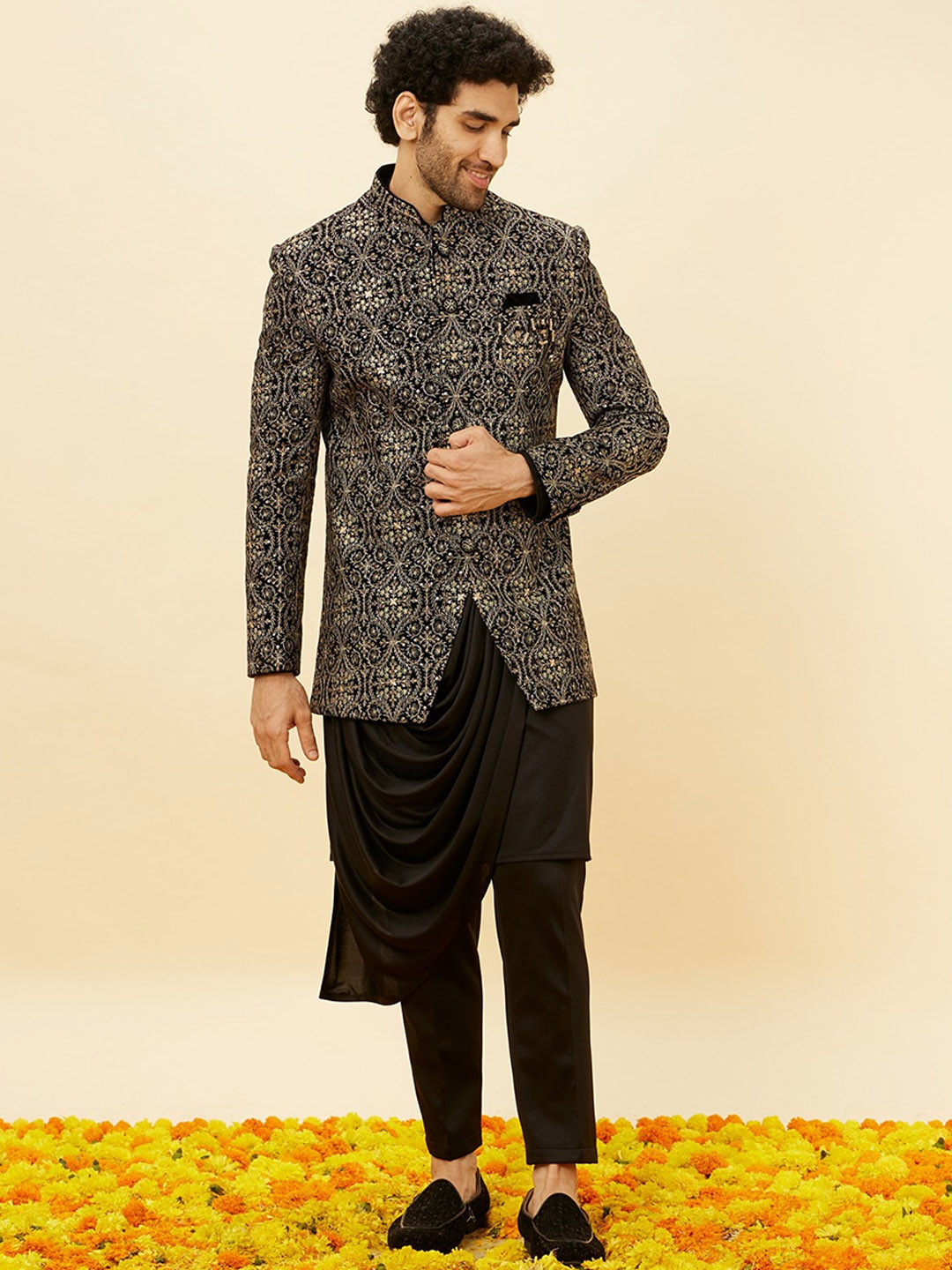 Manyavar Embroidered Mandarin Collar Velvet Sherwani