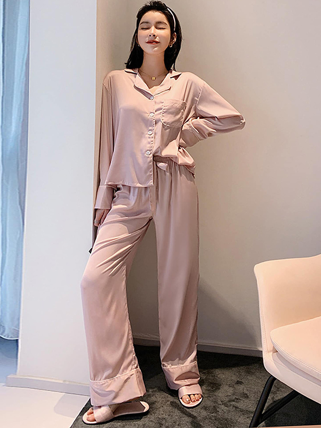 LULU & SKY Lapel Collar Long Sleeves Night suit
