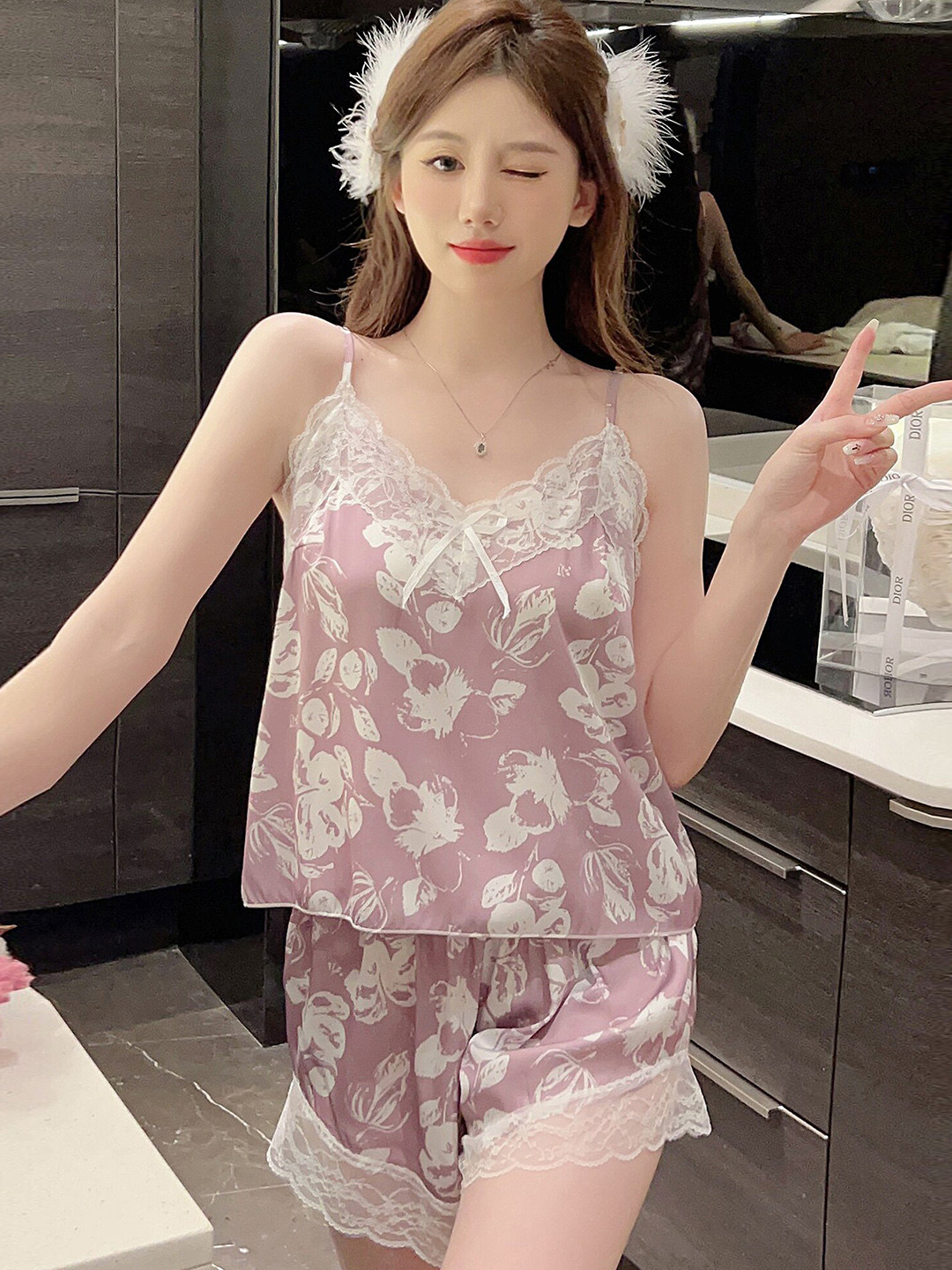 LULU & SKY Floral Printed Lace Detailed Shoulder Strapped Satin Night suit