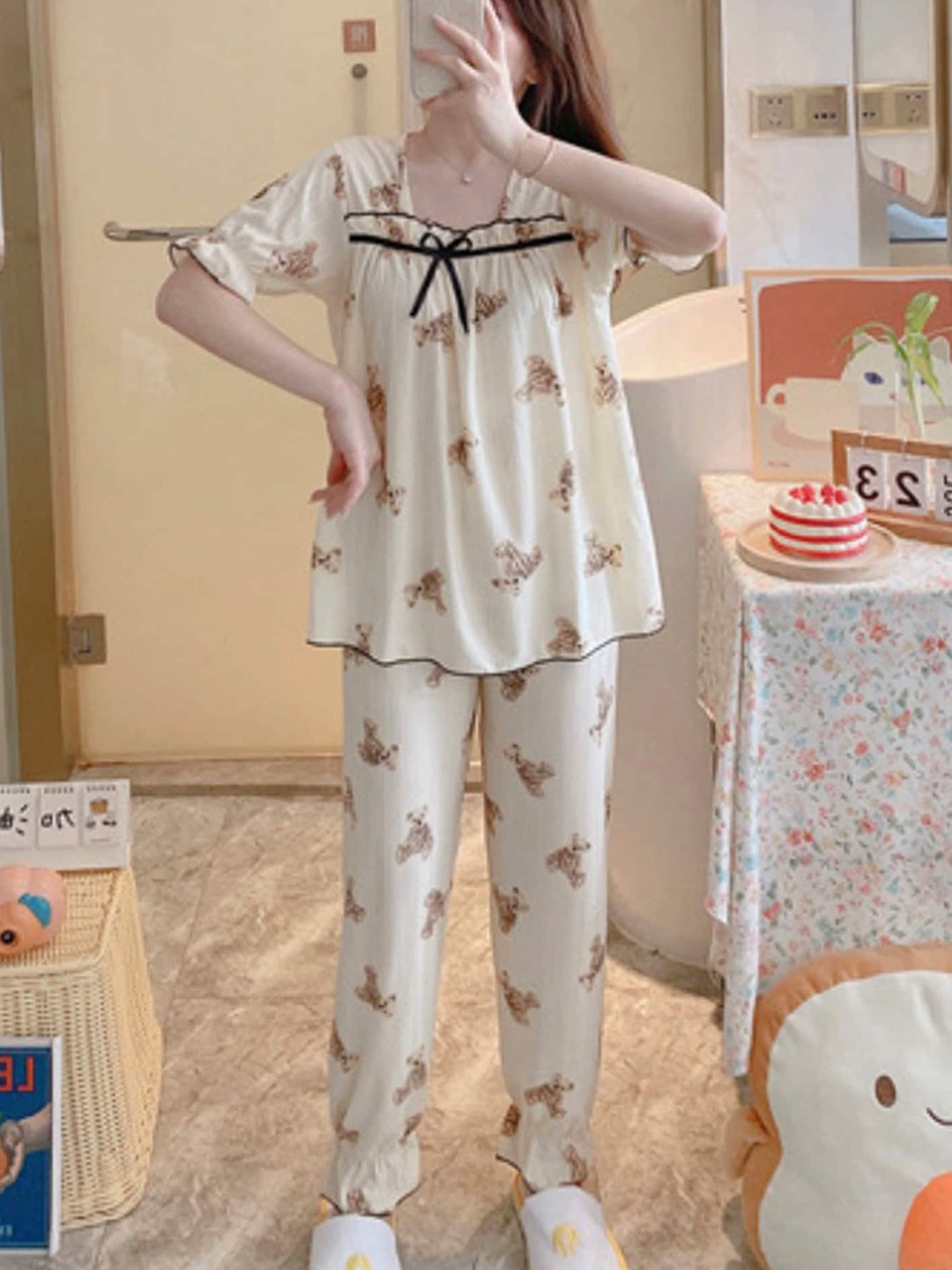 LULU & SKY Conversational Printed Square Neck Top With Pant & Shorts