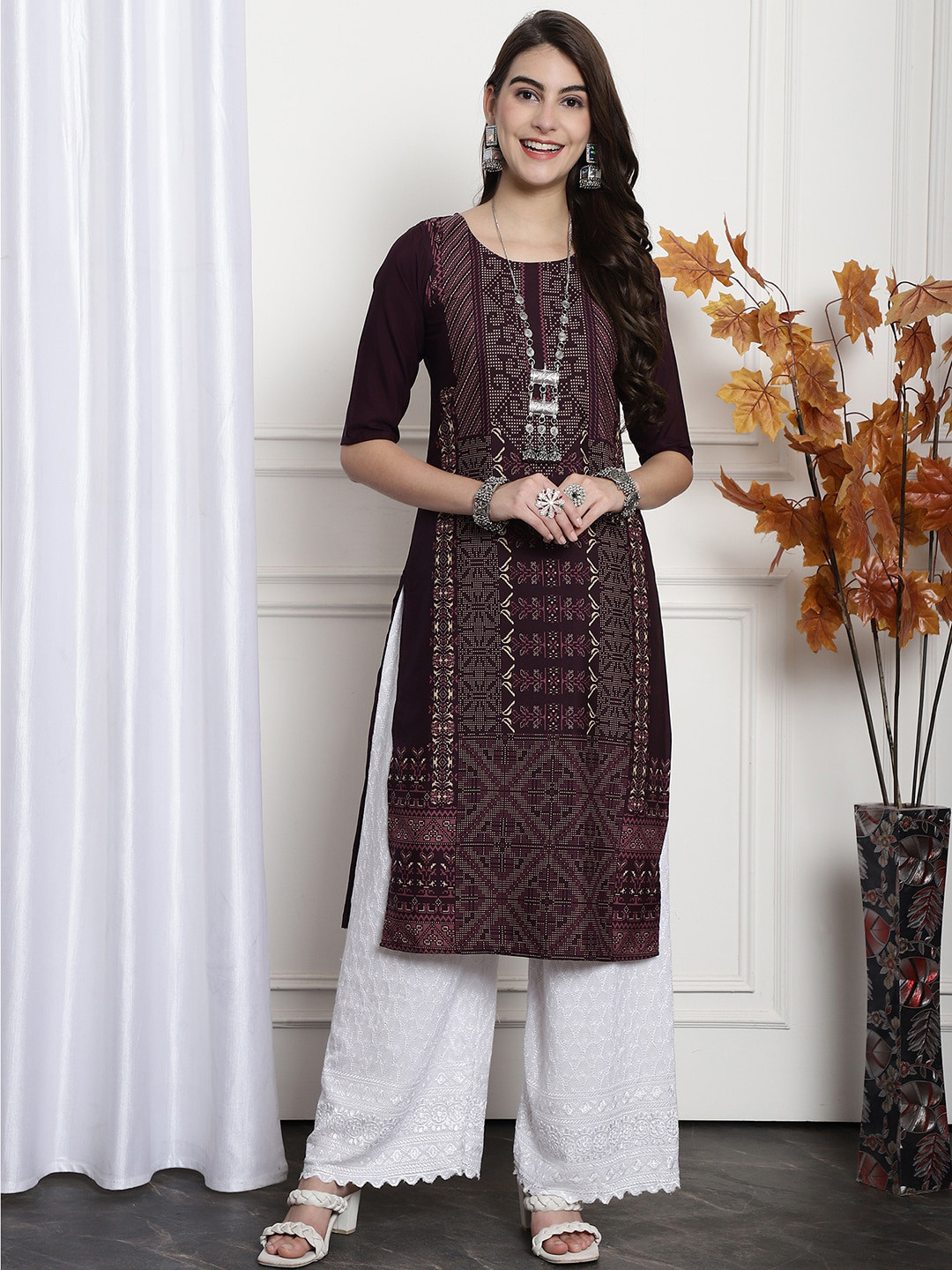 7Threads Women Burgundy Ethnic Motifs Printed Summer Sheers Crepe Kurta