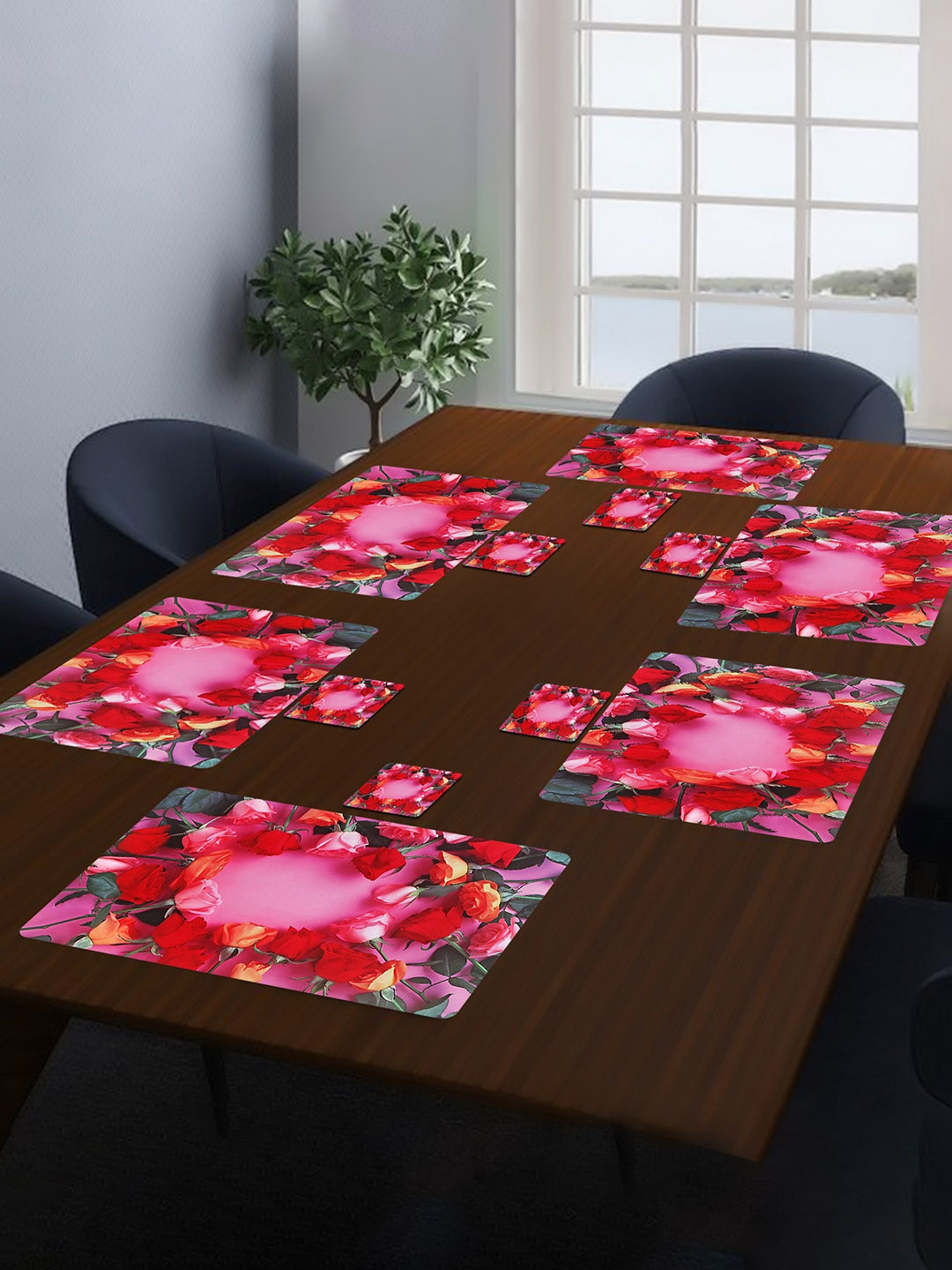 Dakshya Industries Blue Bail Pink 6 Pieces Floral Rectangular Table Placemats
