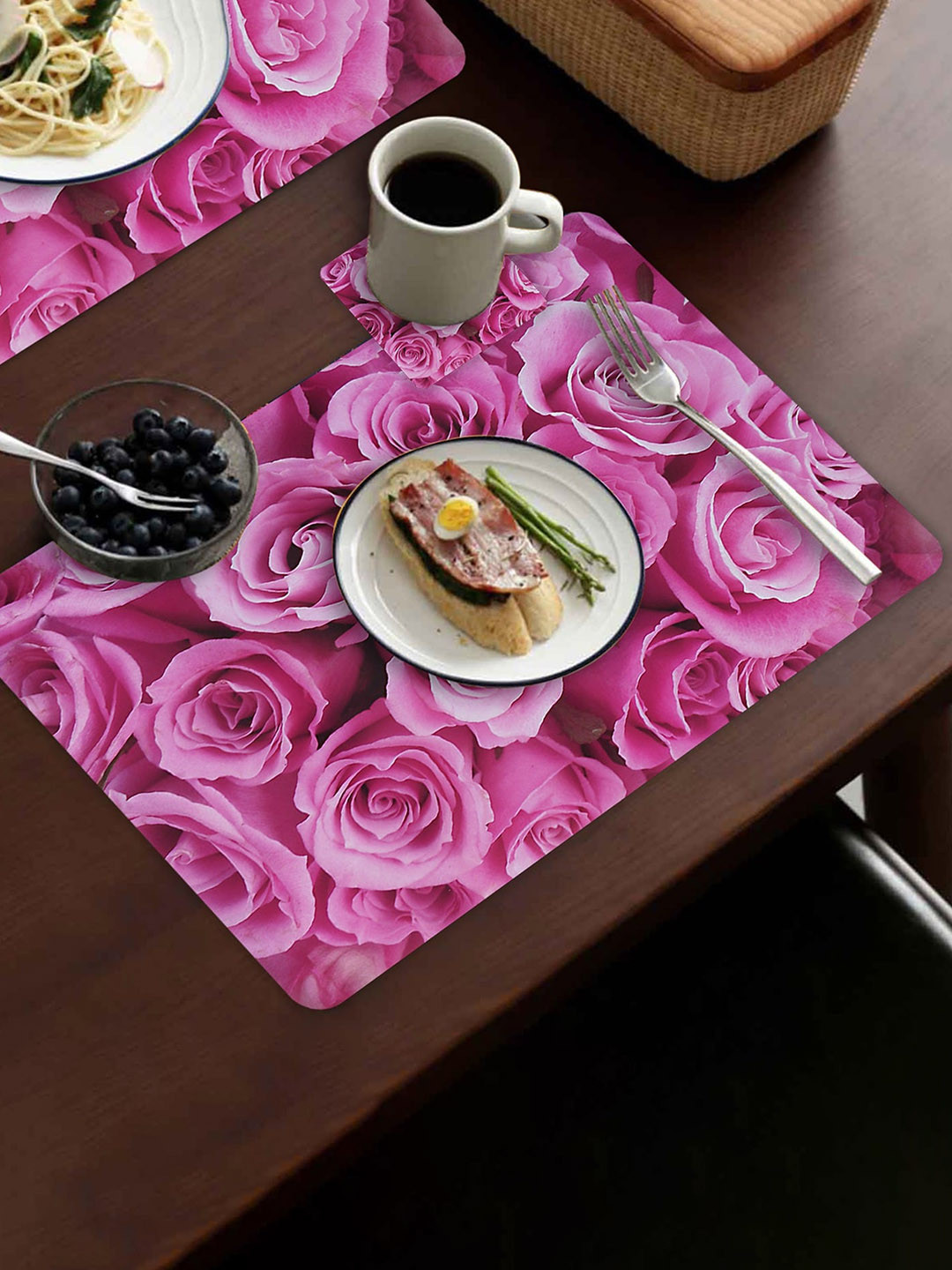 Dakshya Industries Blue Bail Pink 6 Pieces Floral Rectangle Table Placemats
