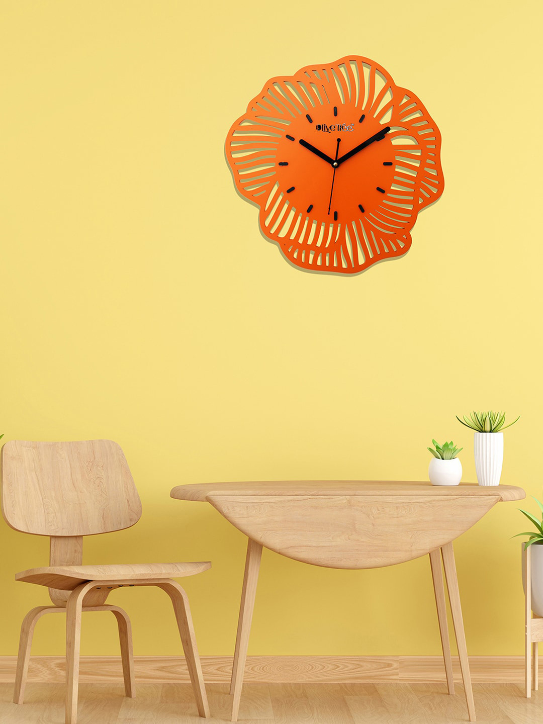 OLIVE TREE Orange Contemporary Wooden Analogue Wall Clock