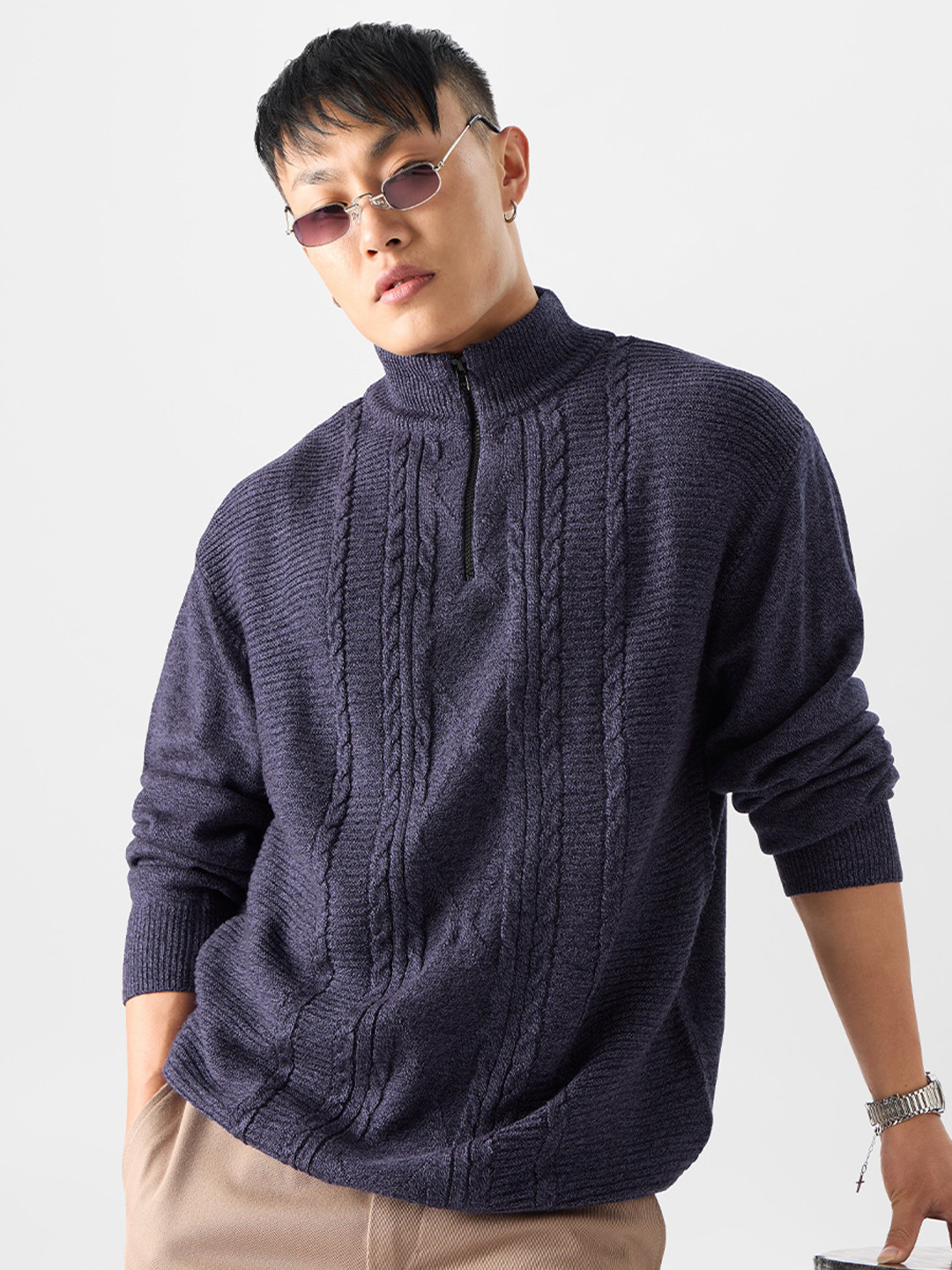 The Souled Store Purple Mock Collar Acrylic Pullover